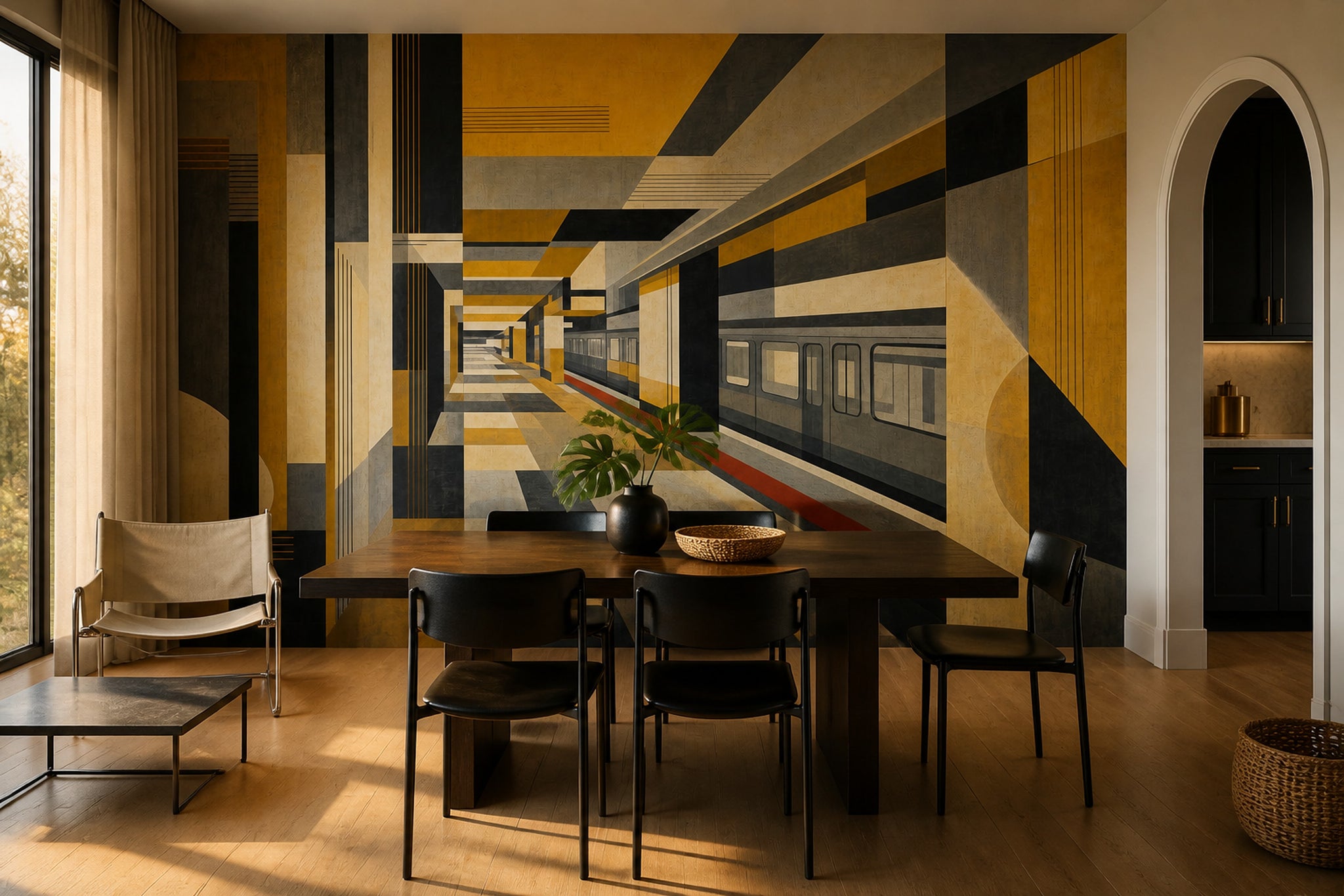 Geometrik Koridor Perspektif Poster Duvar Kağıdı Sarı Siyah Salon