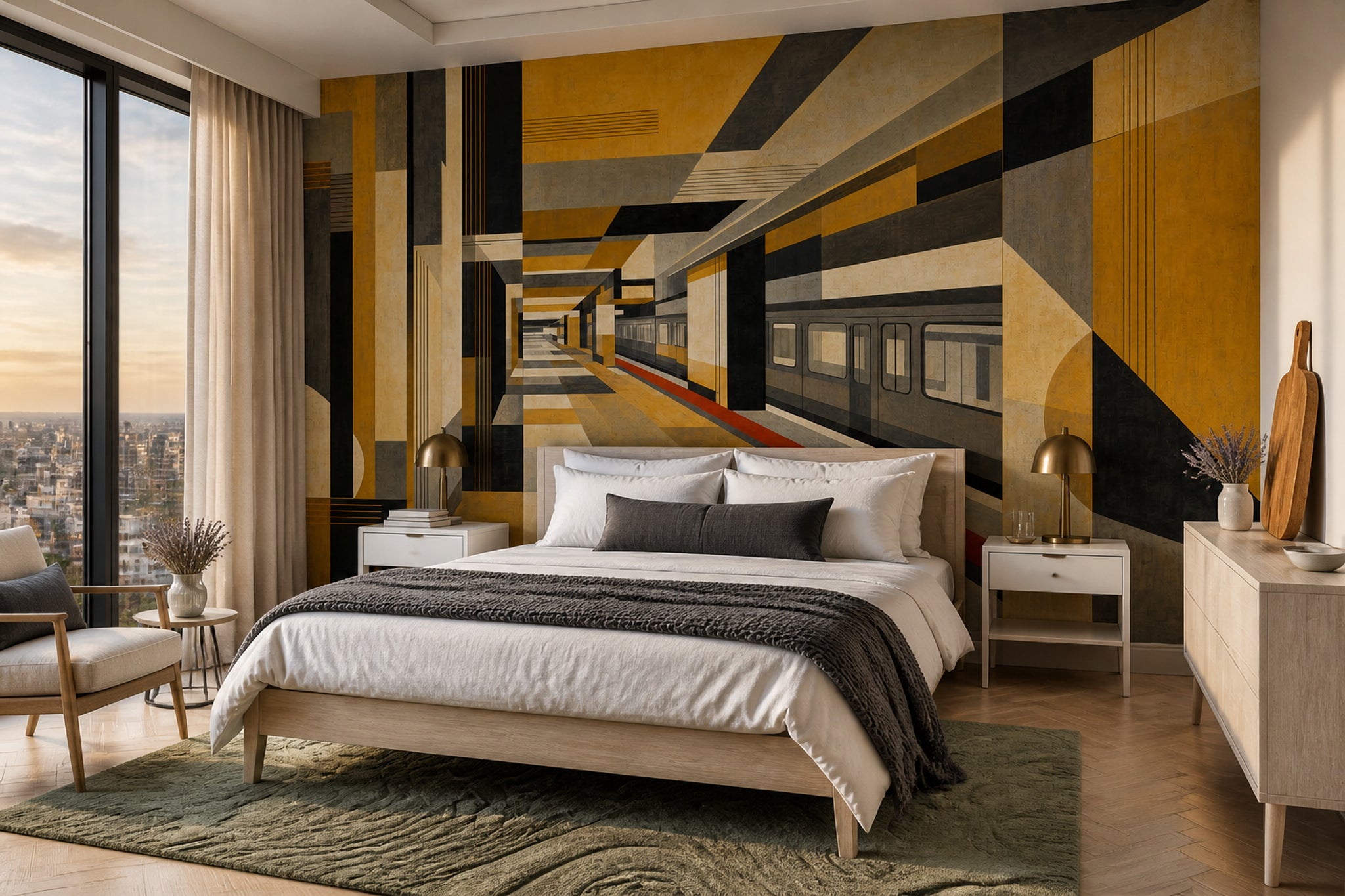 Geometrik Koridor Perspektif Poster Duvar Kağıdı Sarı Siyah Salon