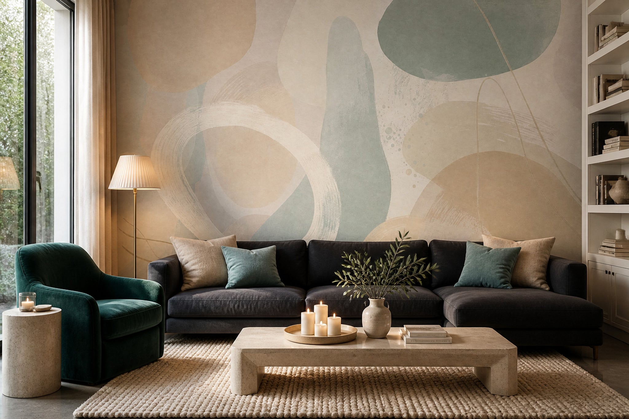 Soyut Organik Formlu Poster Duvar Kağıdı Bej Yeşil Salon