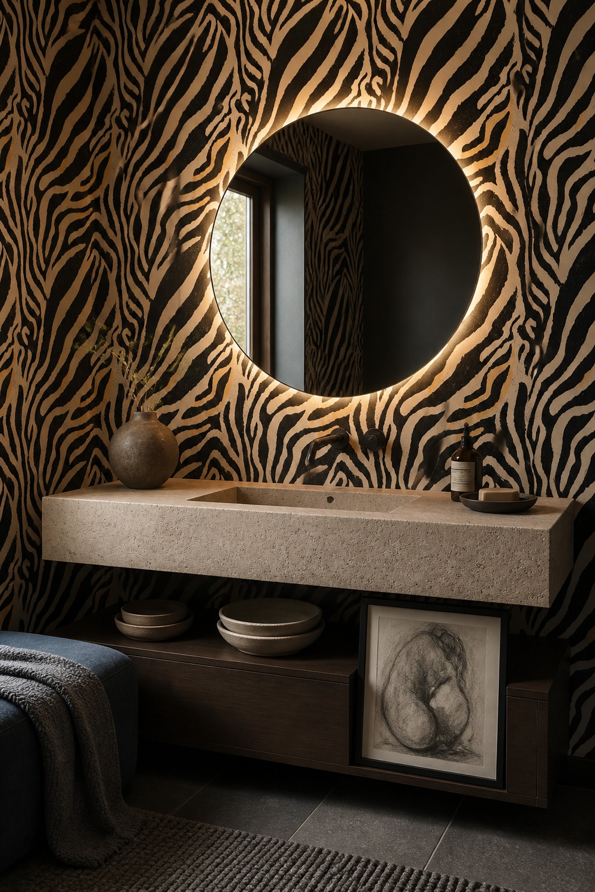 Zebra Desenli Duvar Kağıdı Siyah Bej Modern Salon