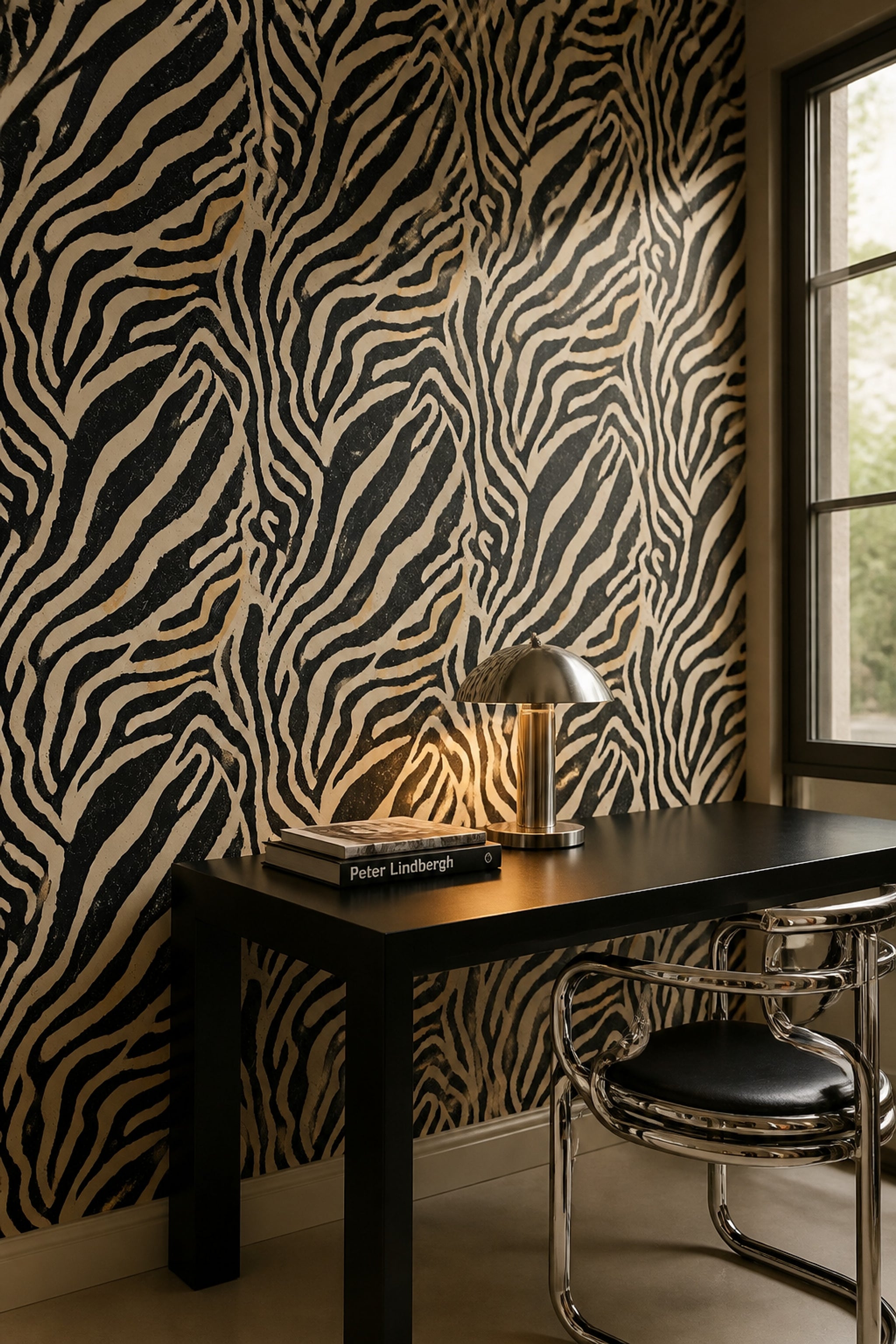 Zebra Desenli Duvar Kağıdı Siyah Bej Modern Salon