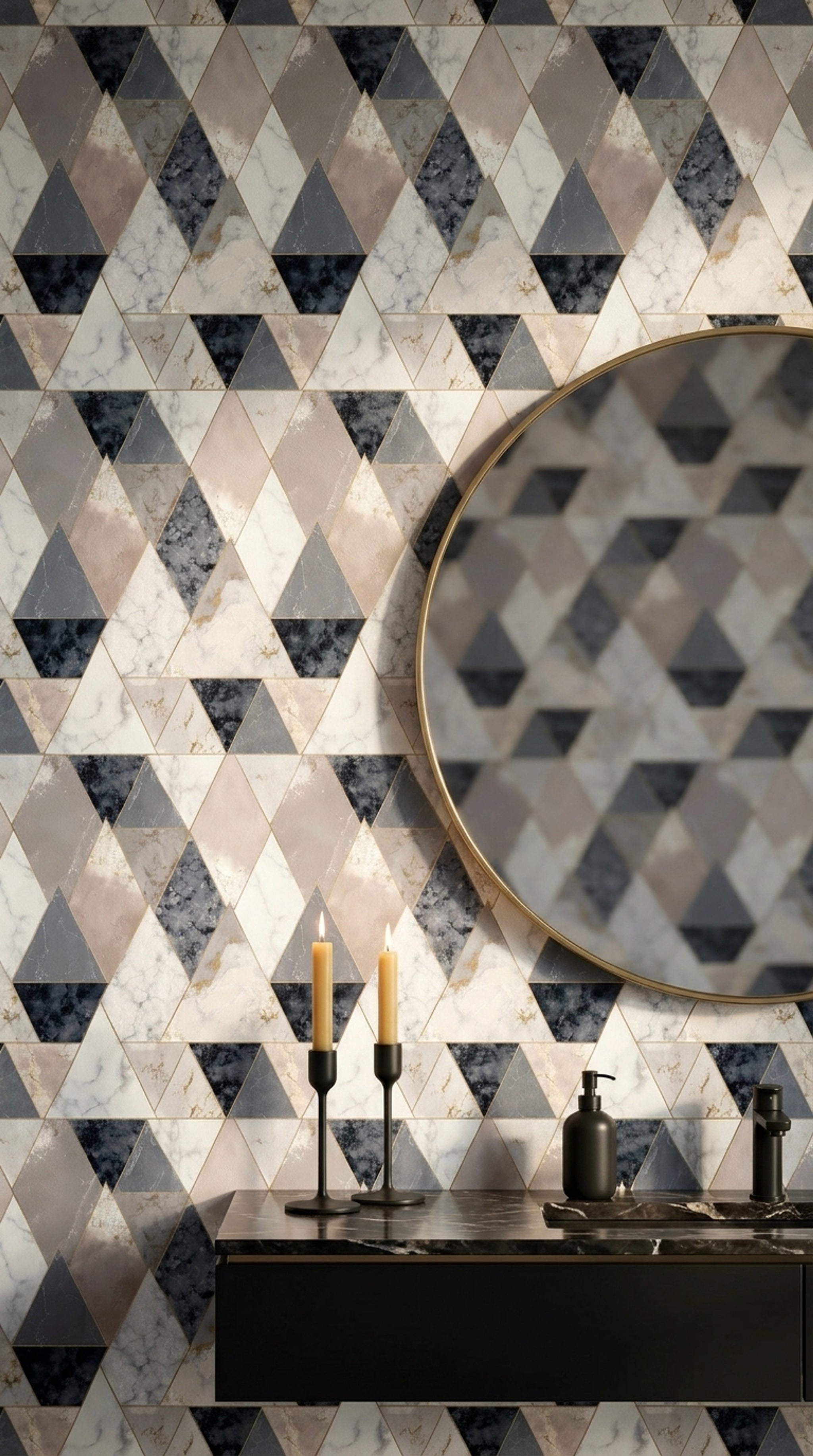Geometrik Üçgen Mermer Desenli Duvar Kağıdı Gri Beyaz Salon