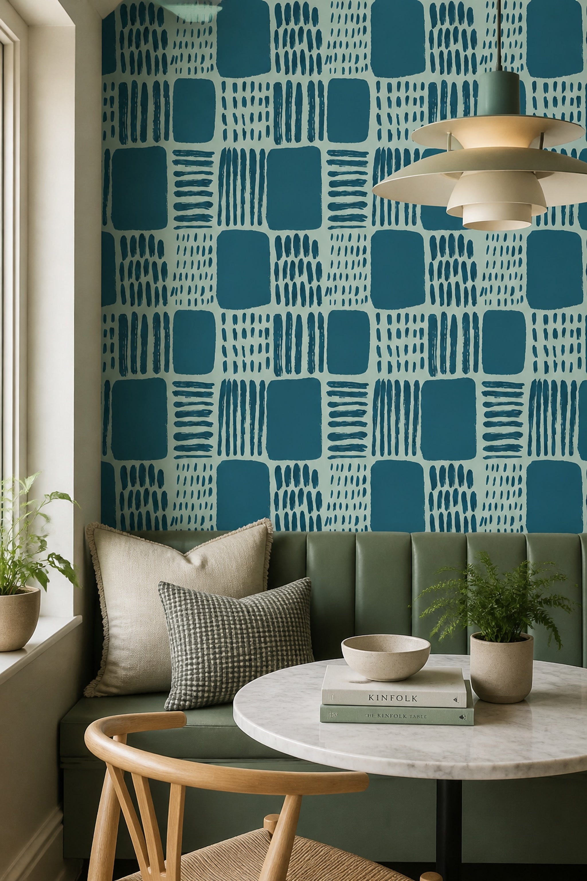 Mavi Geometrik Desenli Duvar Kağıdı Modern Kare Motif