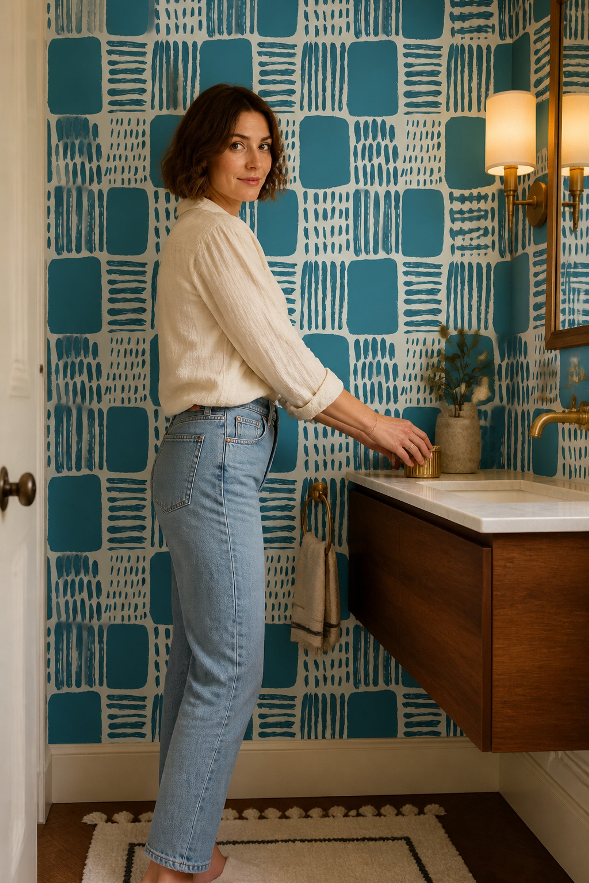 Mavi Geometrik Desenli Duvar Kağıdı Modern Kare Motif