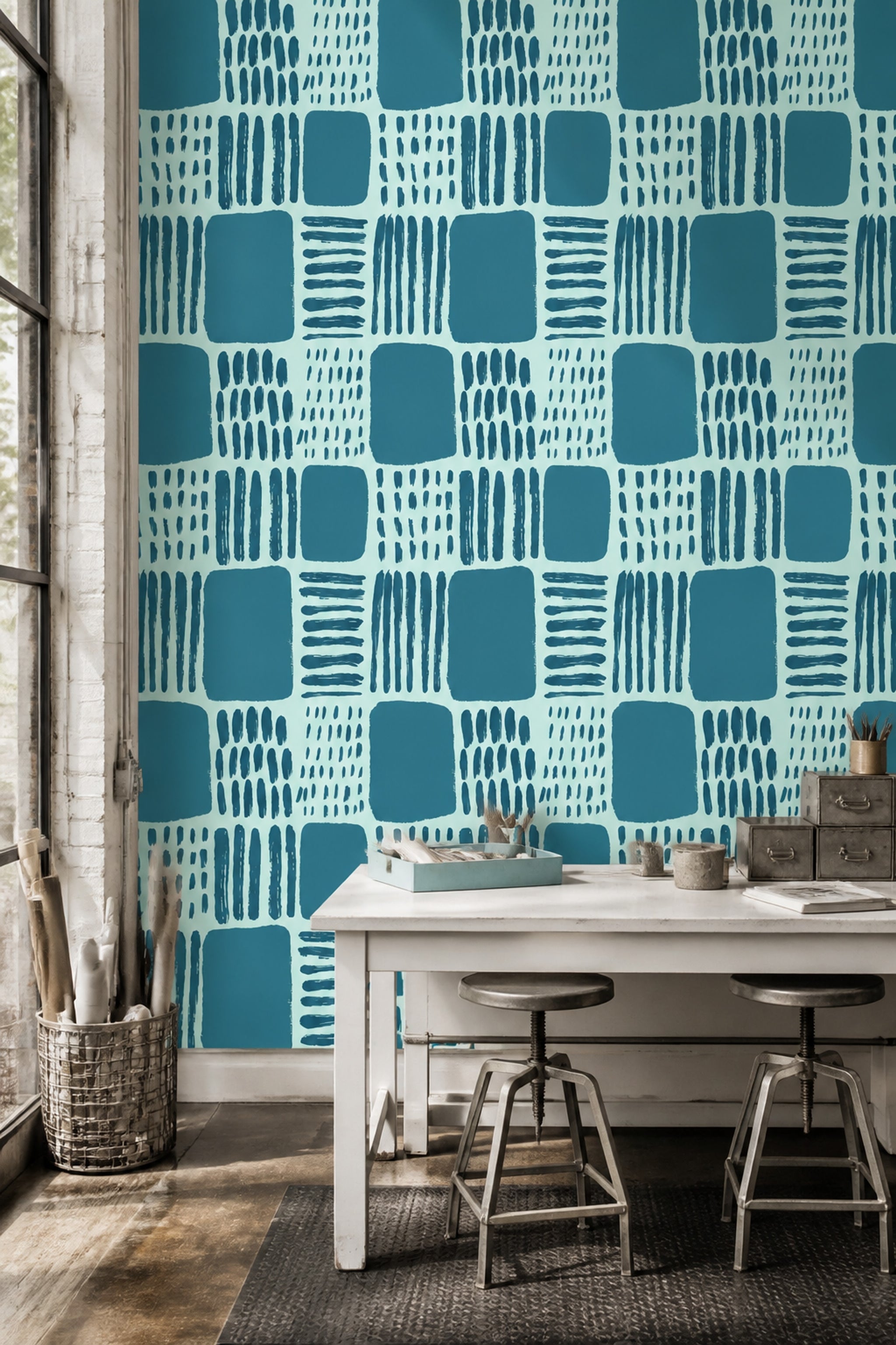 Mavi Geometrik Desenli Duvar Kağıdı Modern Kare Motif
