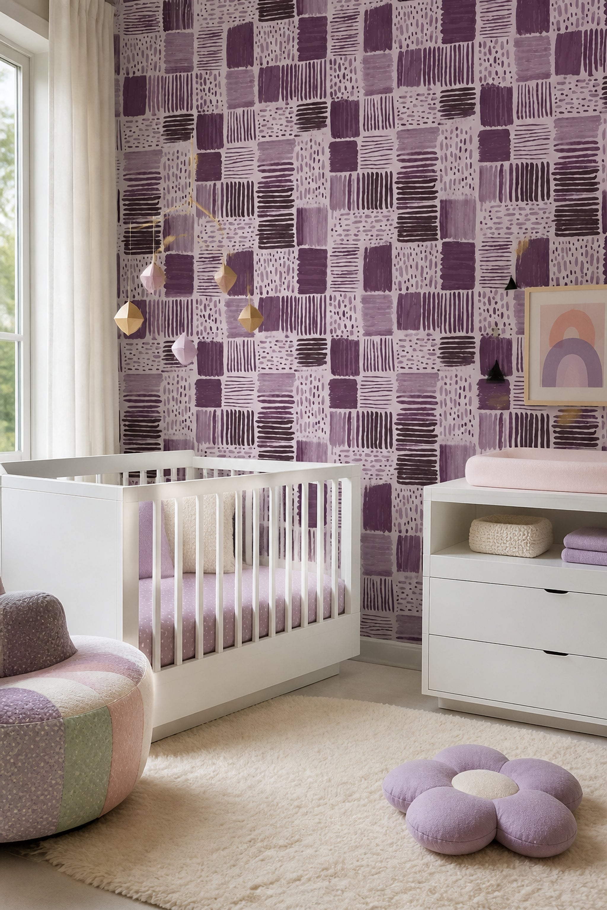 Mor Geometrik Desenli Duvar Kağıdı Modern Salon Duvar Dekoru
