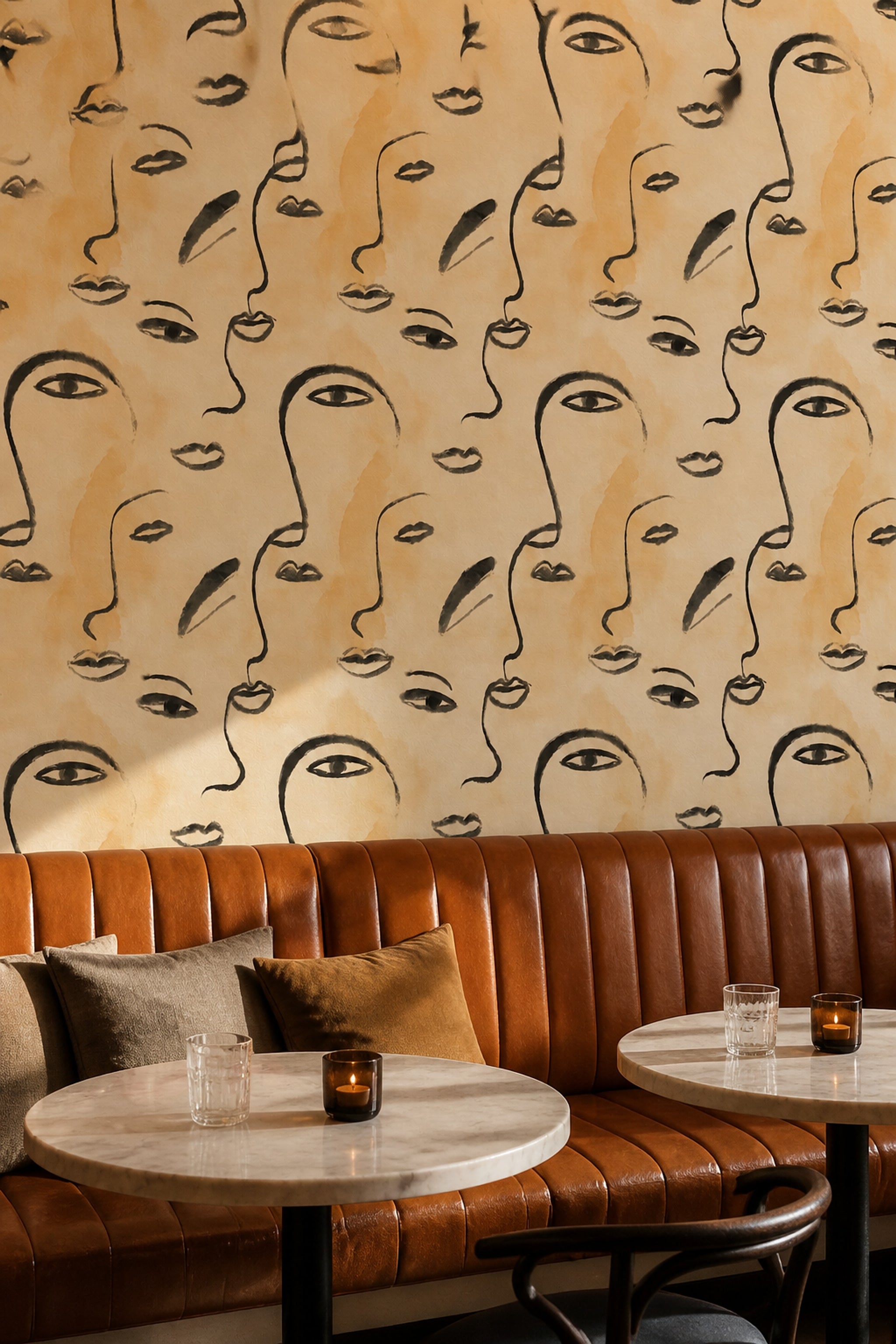 Soyut Yüz Desenli Duvar Kağıdı Bej Modern Salon