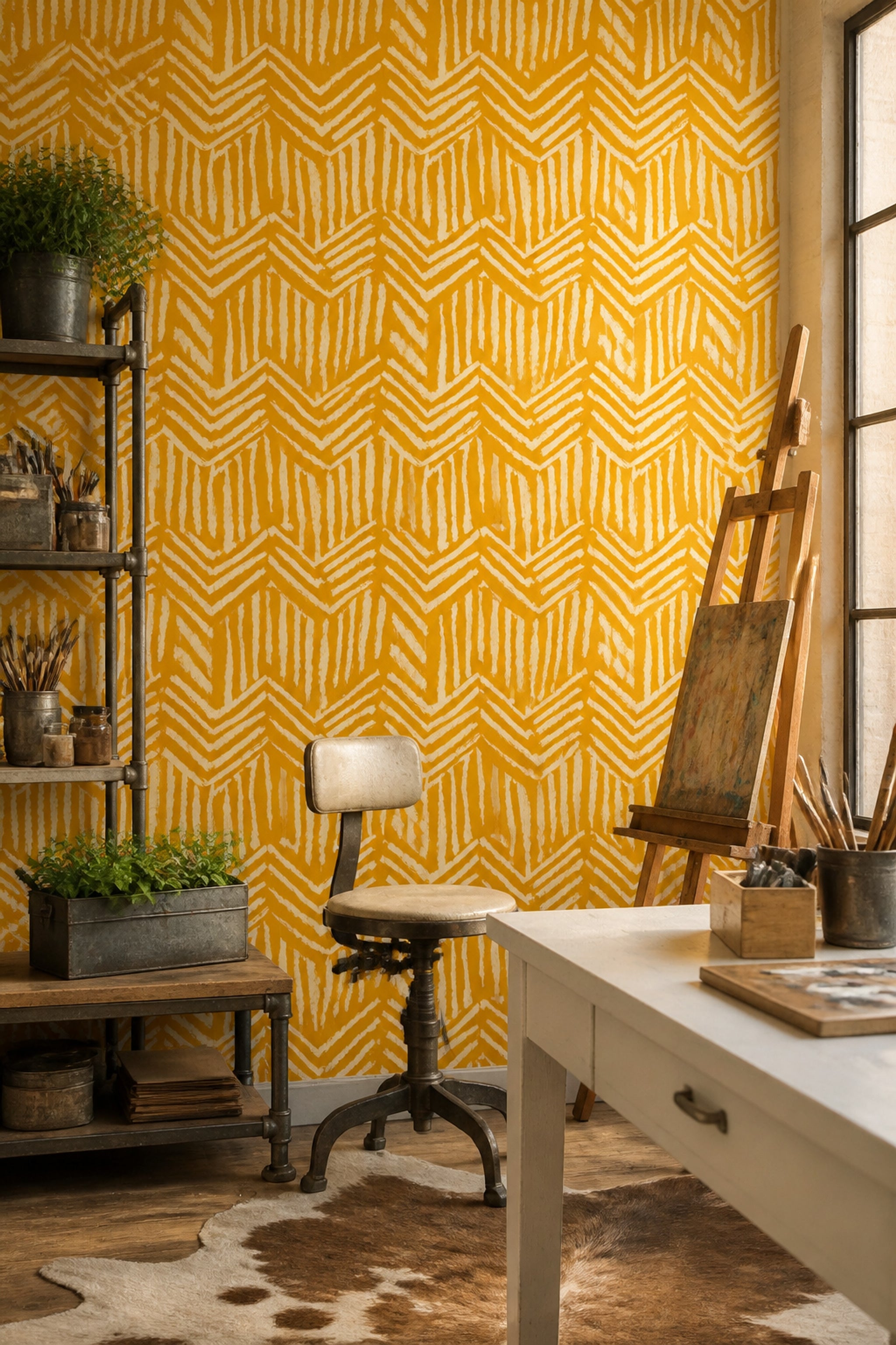 Geometrik Zikzak Desenli Duvar Kağıdı Hardal Sarı Salon