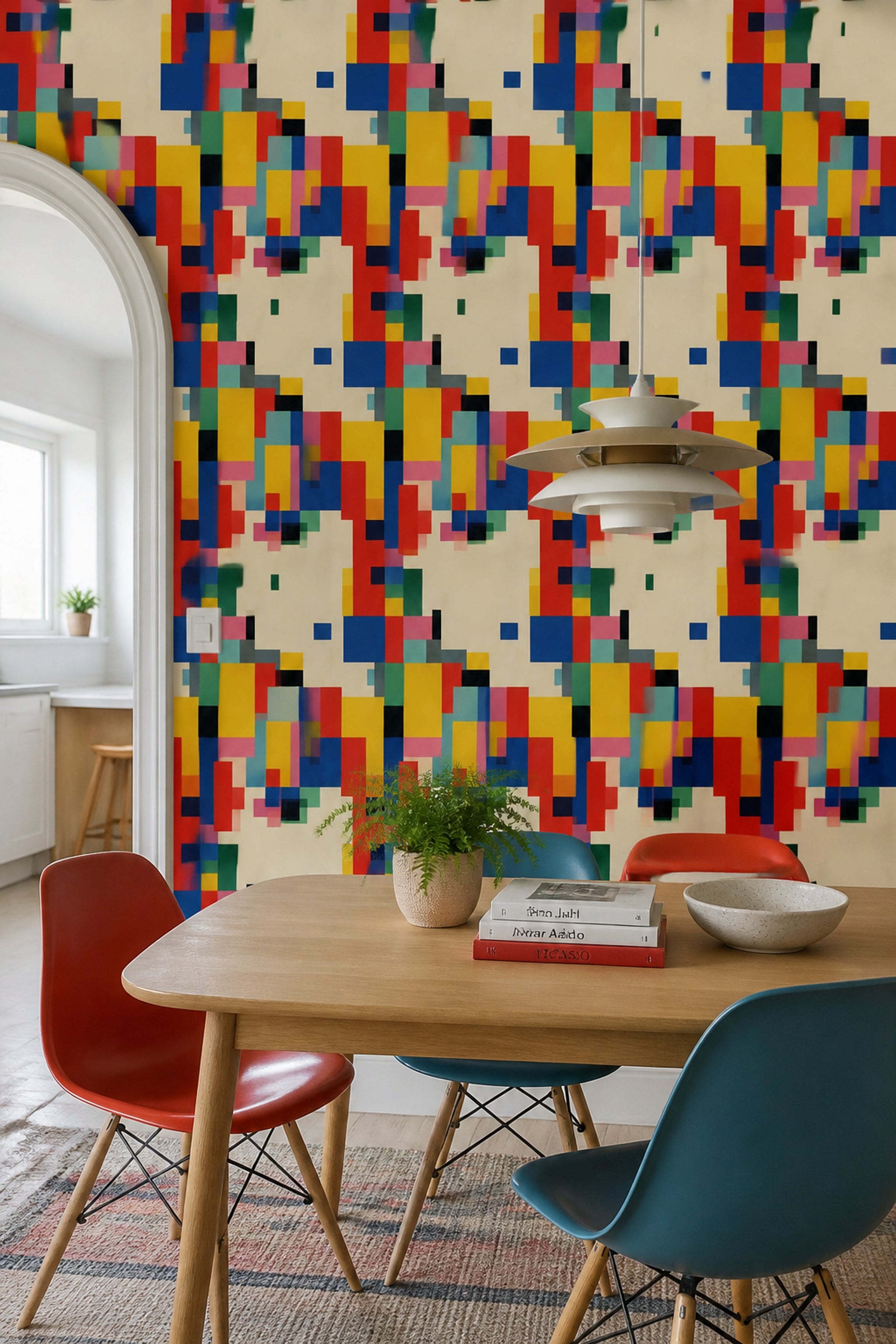 Renkli Geometrik Duvar Kağıdı Modern Kare Desenli Salon