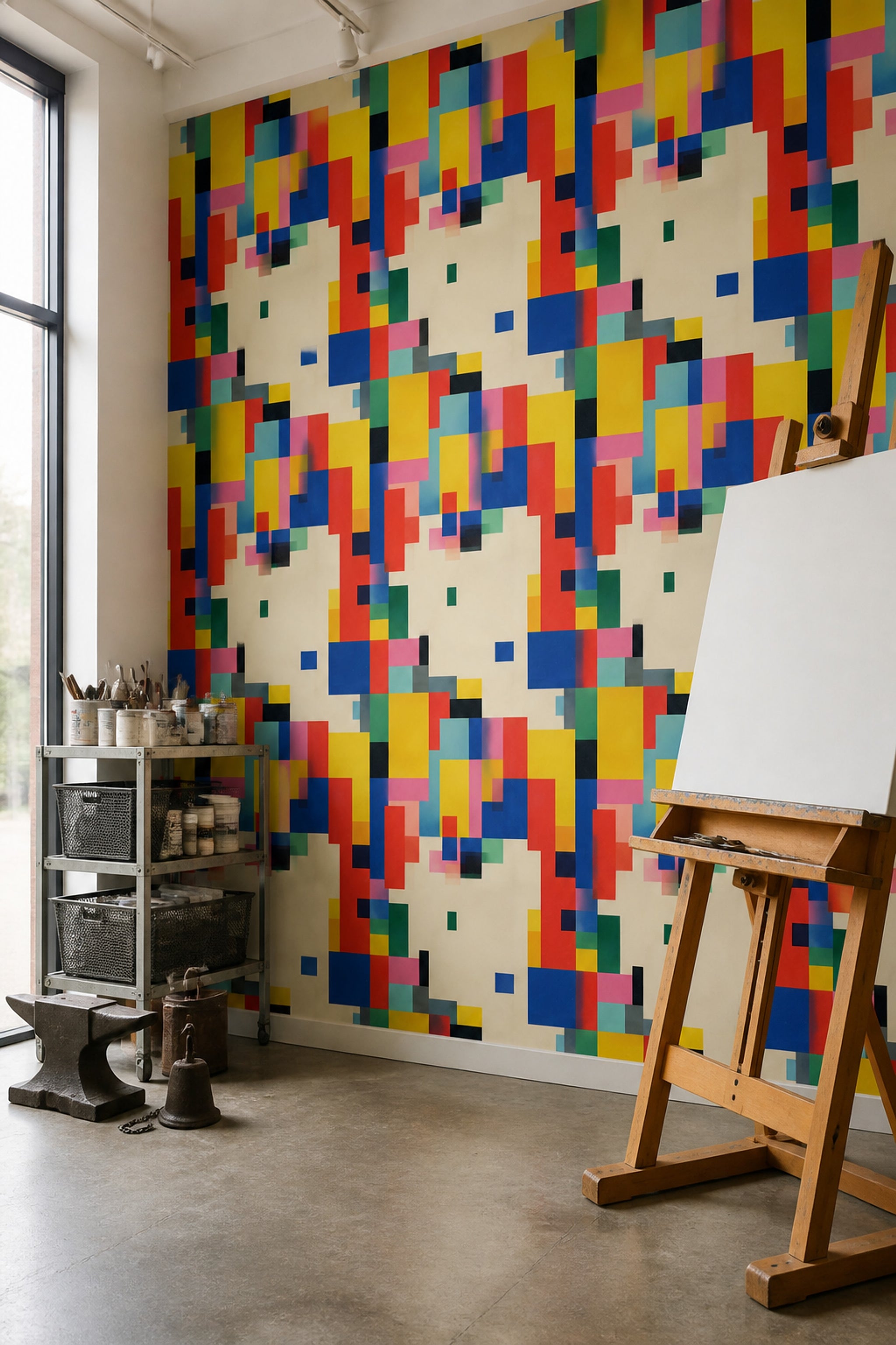 Renkli Geometrik Duvar Kağıdı Modern Kare Desenli Salon