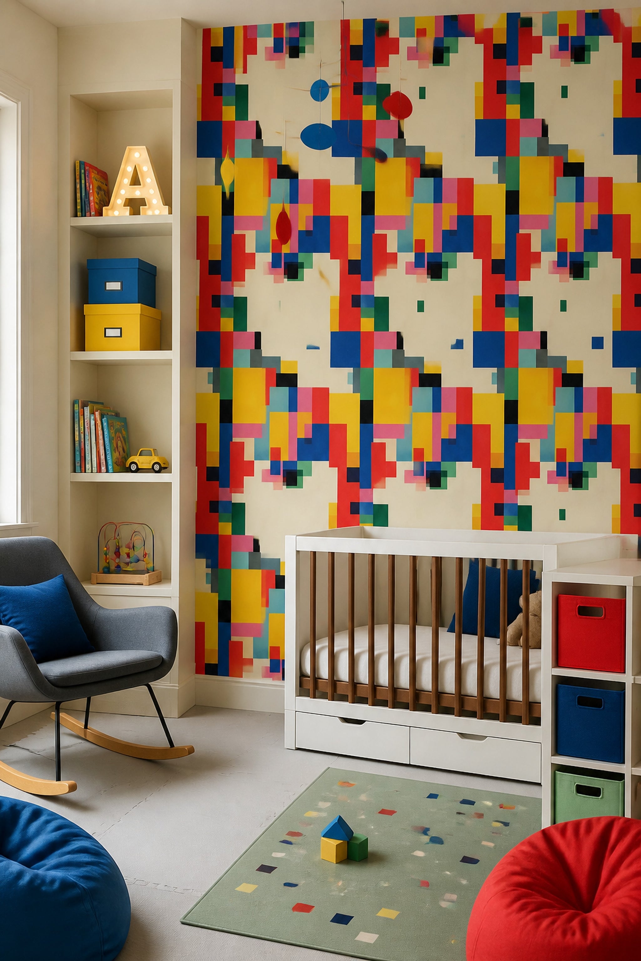 Renkli Geometrik Duvar Kağıdı Modern Kare Desenli Salon
