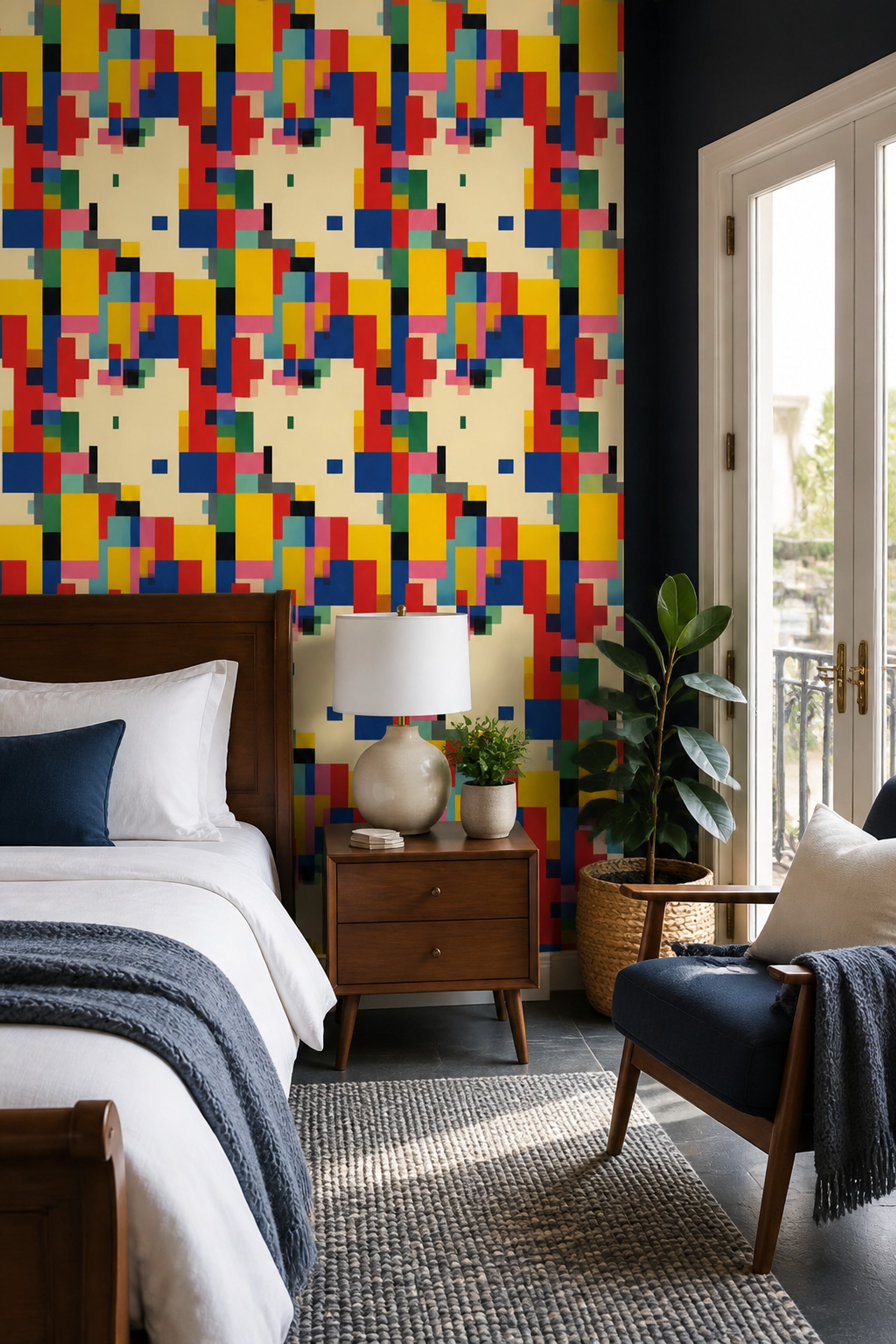 Renkli Geometrik Duvar Kağıdı Modern Kare Desenli Salon