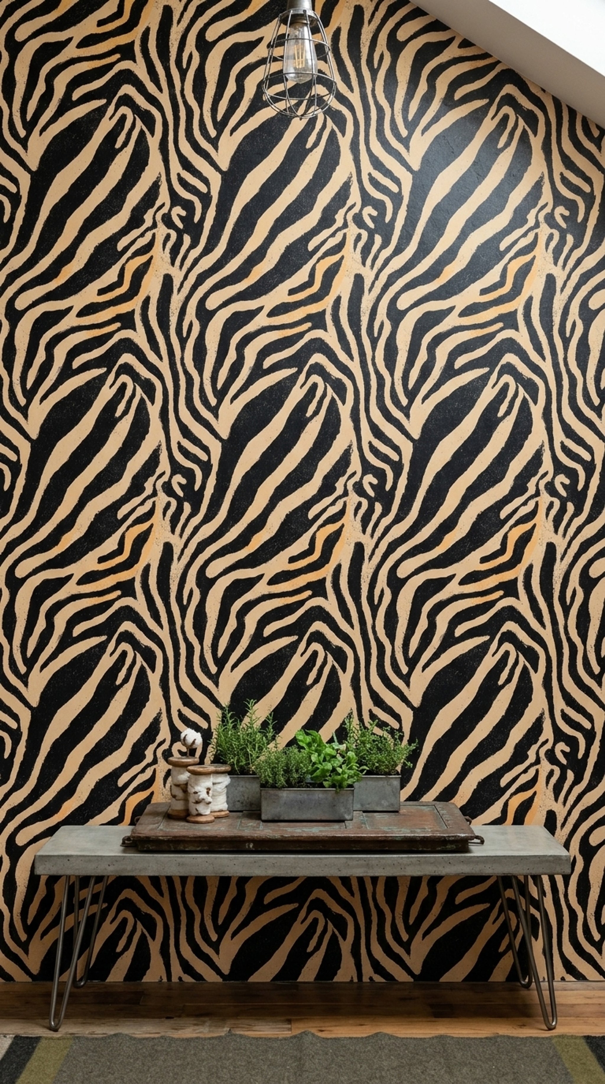 Zebra Desenli Duvar Kağıdı Siyah Bej Modern Salon