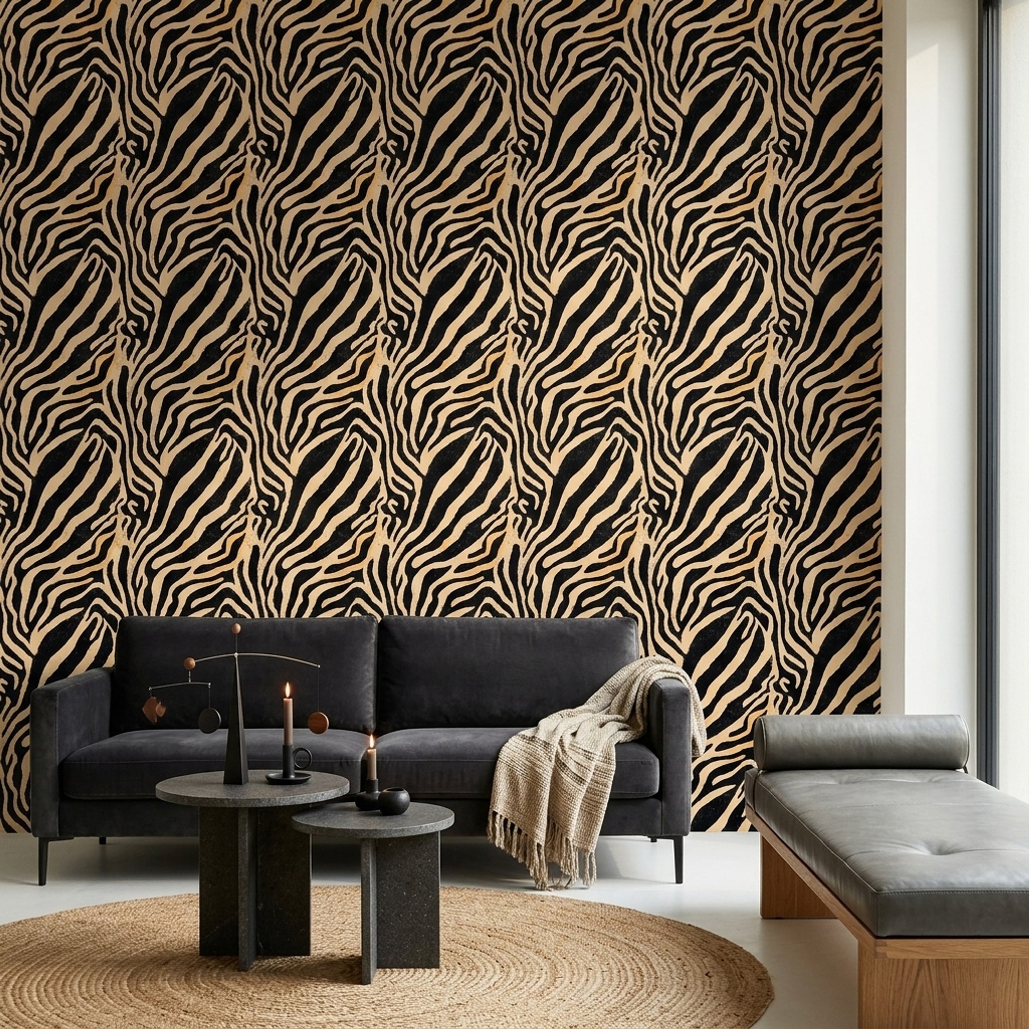Zebra Desenli Duvar Kağıdı Siyah Bej Modern Salon