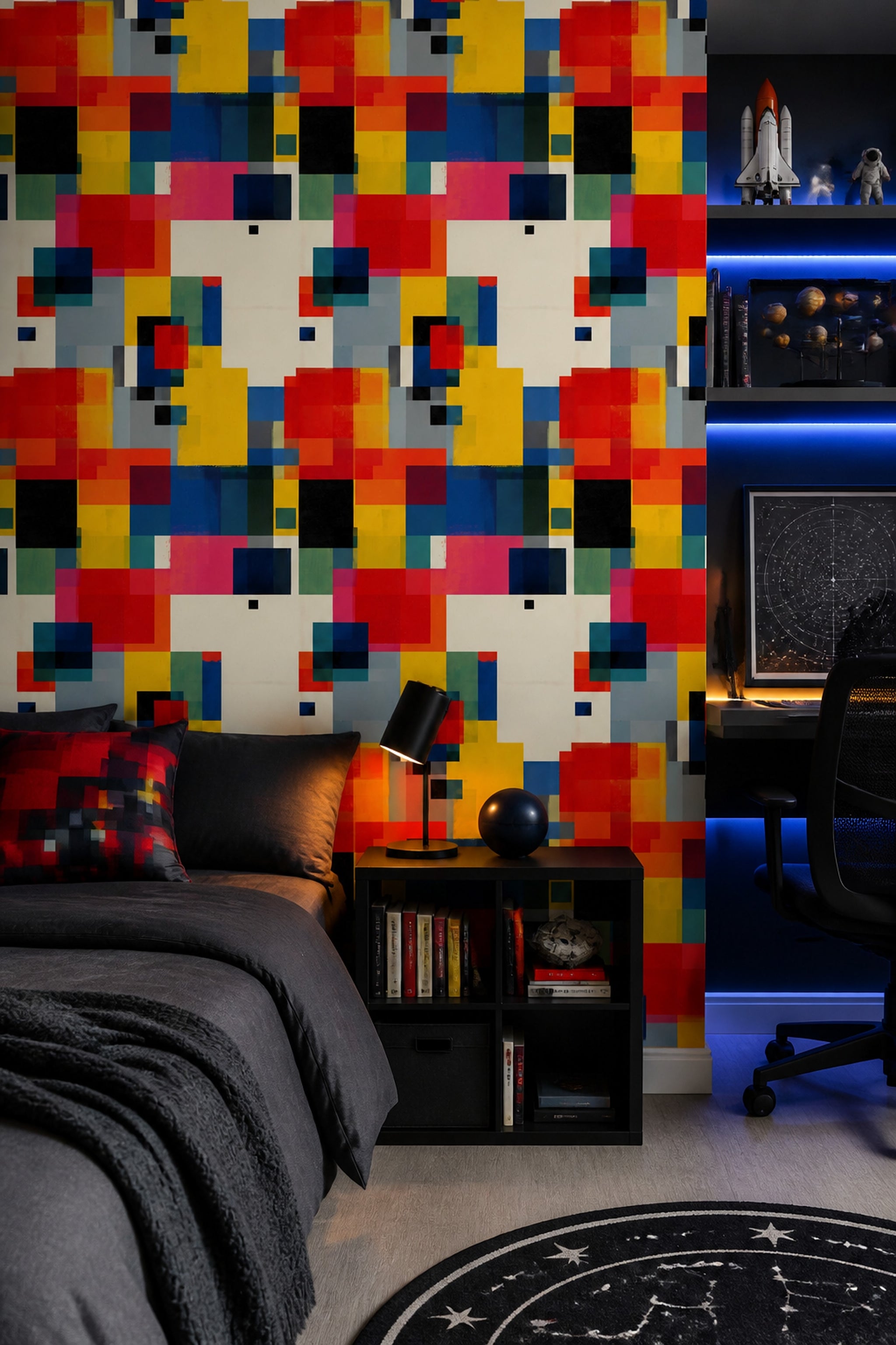 Renkli Geometrik Duvar Kağıdı Kare Desenli Modern Salon