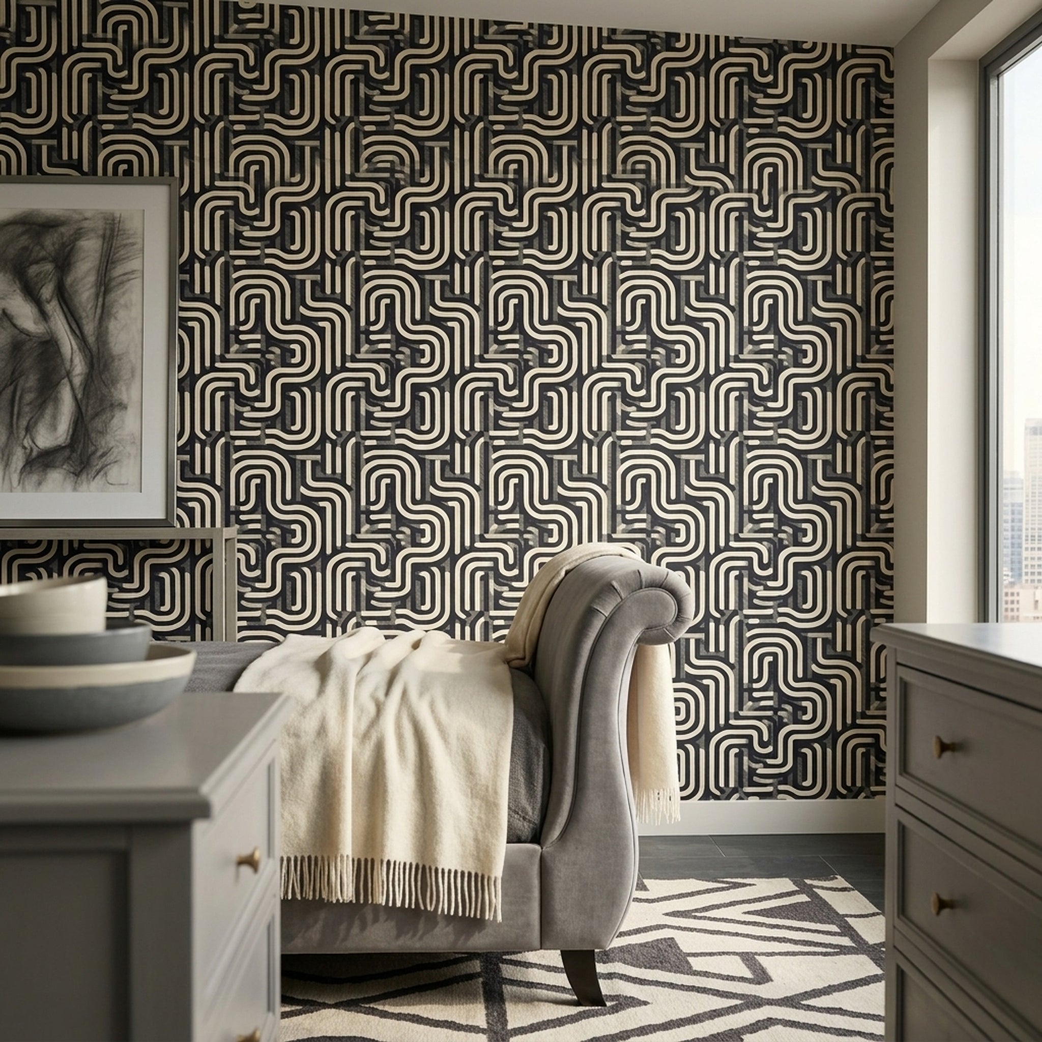 Geometrik Labirent Desenli Duvar Kağıdı Siyah Krem Salon