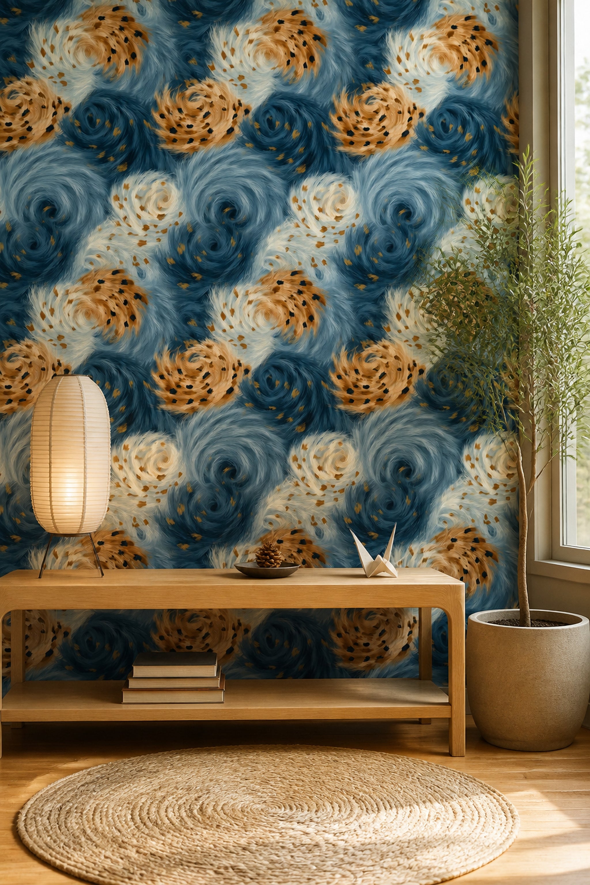 Soyut Spiral Desenli Duvar Kağıdı Lacivert Bej Salon