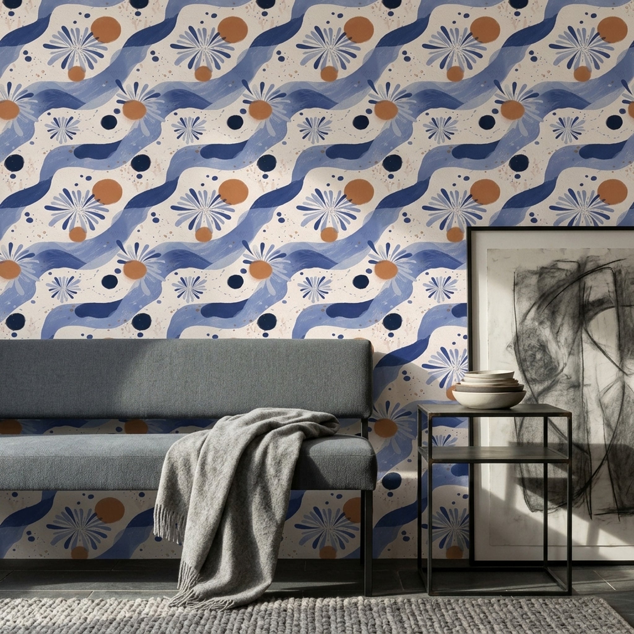 Mavi Dalgalı Çiçek Desenli Duvar Kağıdı Modern Salon