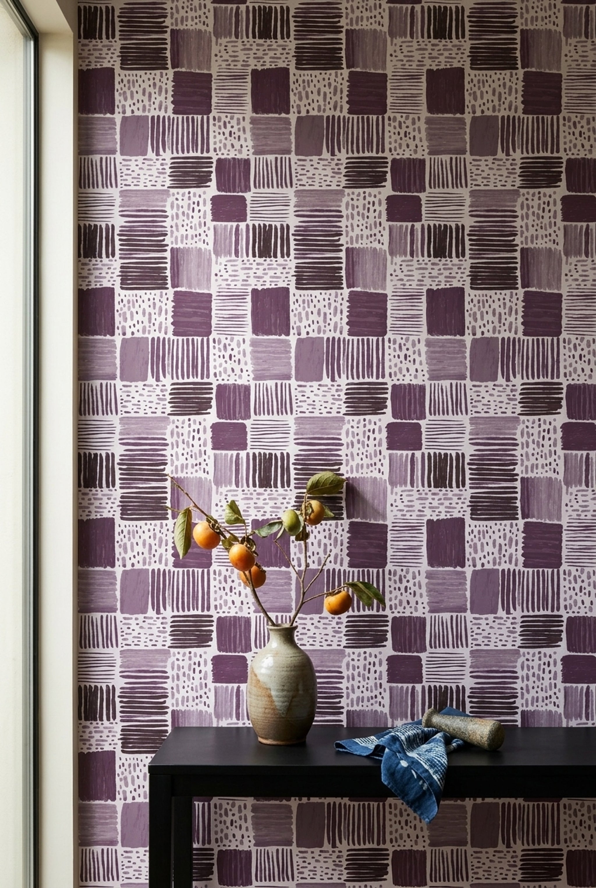 Mor Geometrik Desenli Duvar Kağıdı Modern Salon Duvar Dekoru