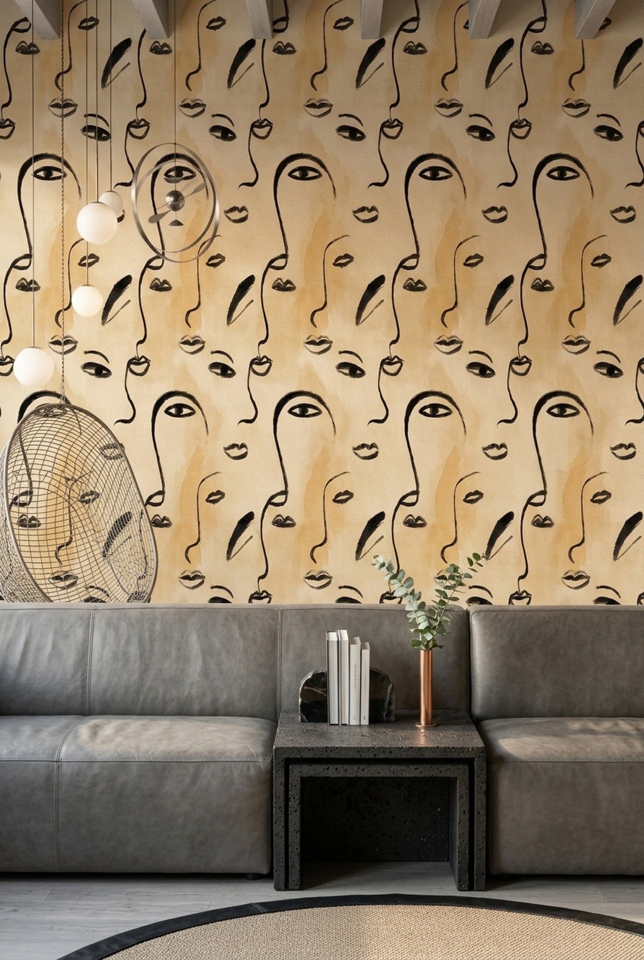Soyut Yüz Desenli Duvar Kağıdı Bej Modern Salon