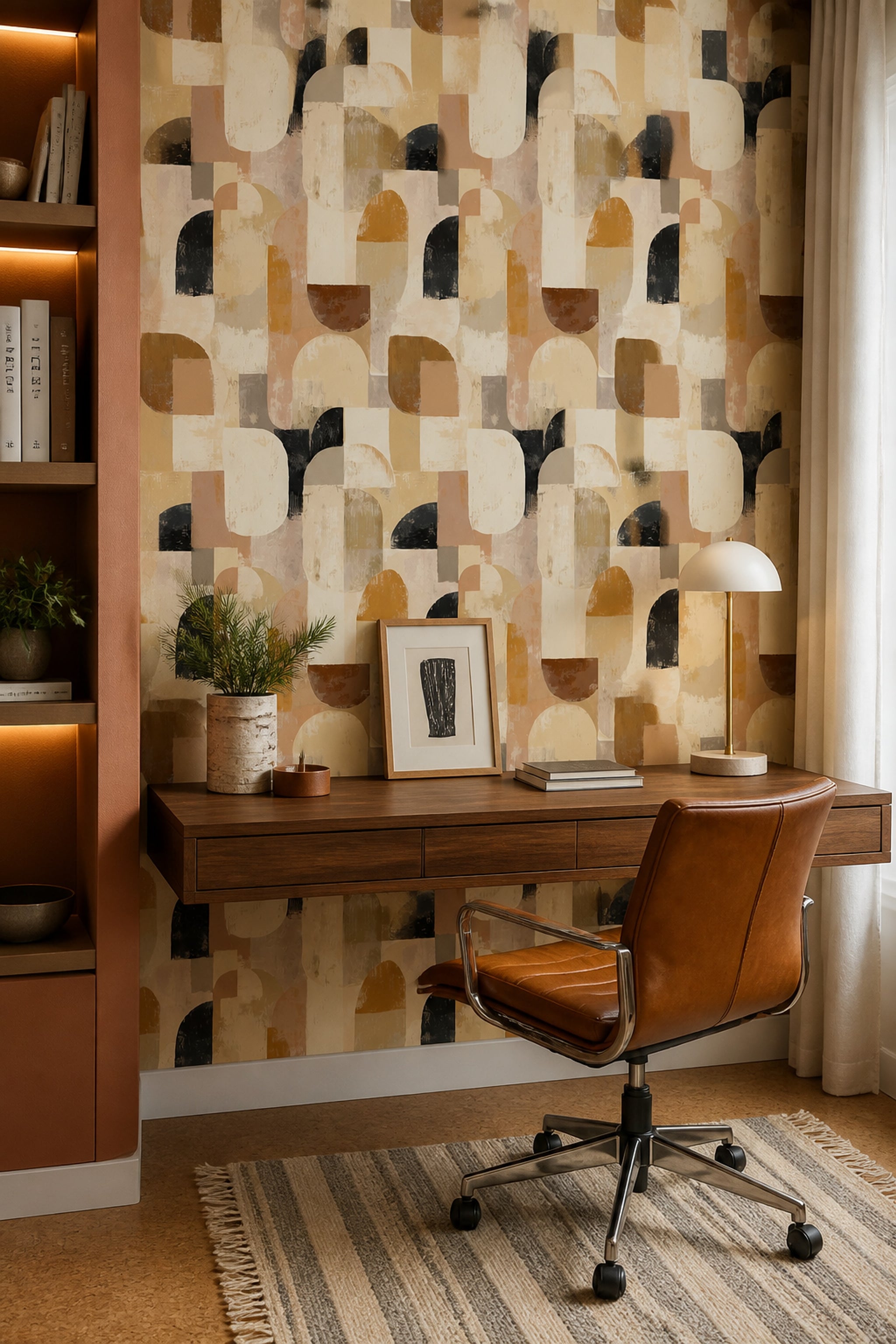 Geometrik Retro Duvar Kağıdı Bej Hardal Salon Deseni
