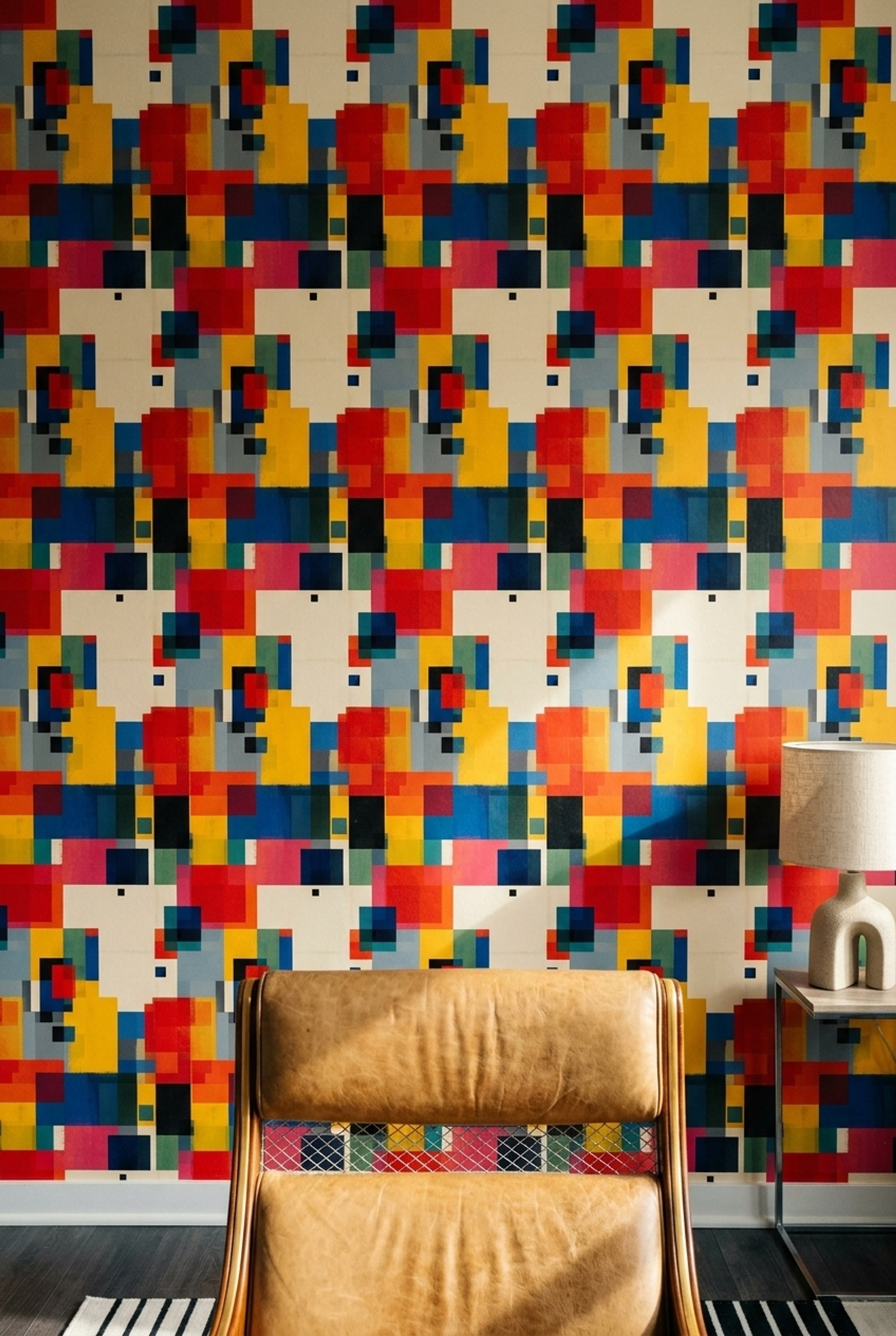 Renkli Geometrik Duvar Kağıdı Kare Desenli Modern Salon