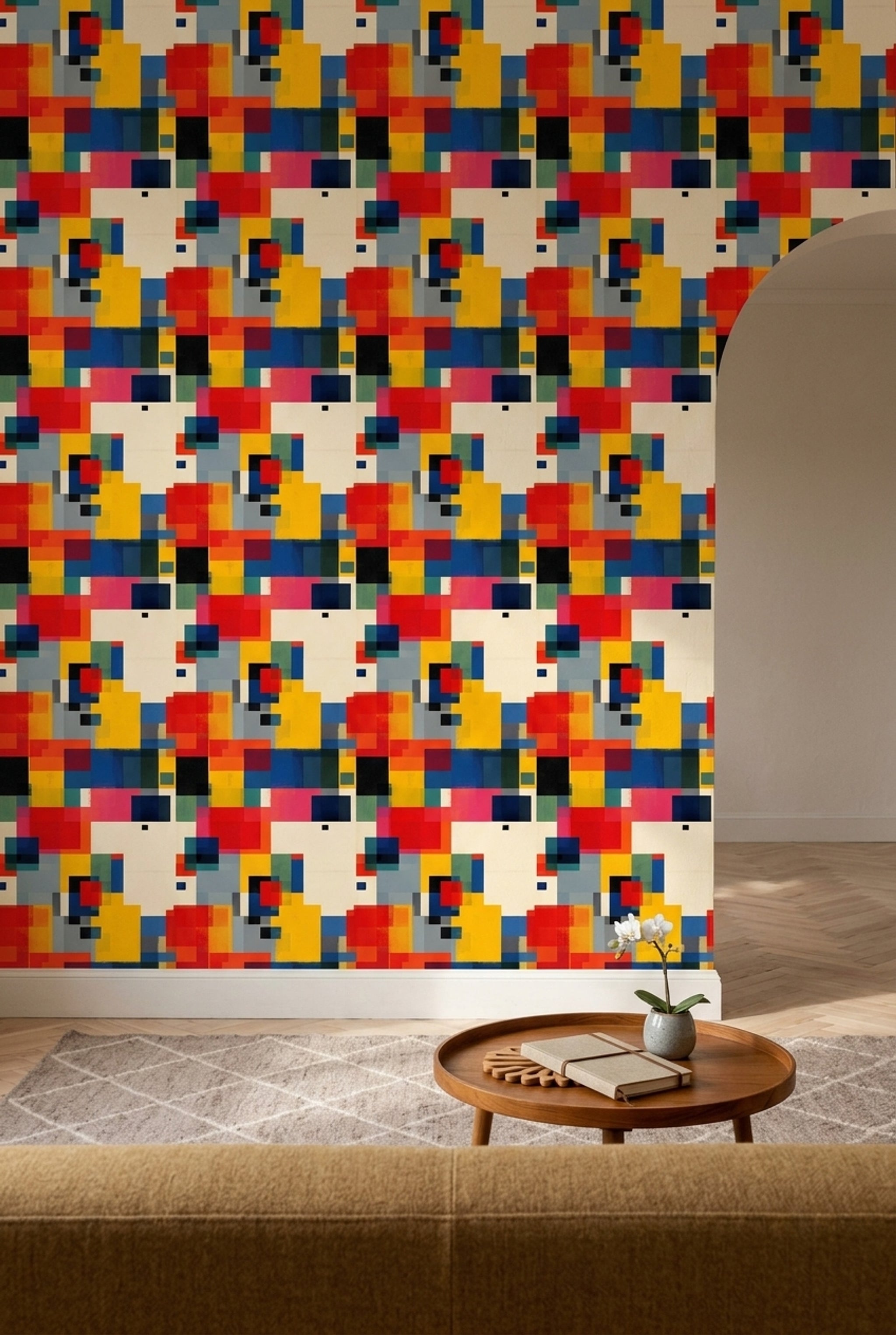 Renkli Geometrik Duvar Kağıdı Kare Desenli Modern Salon