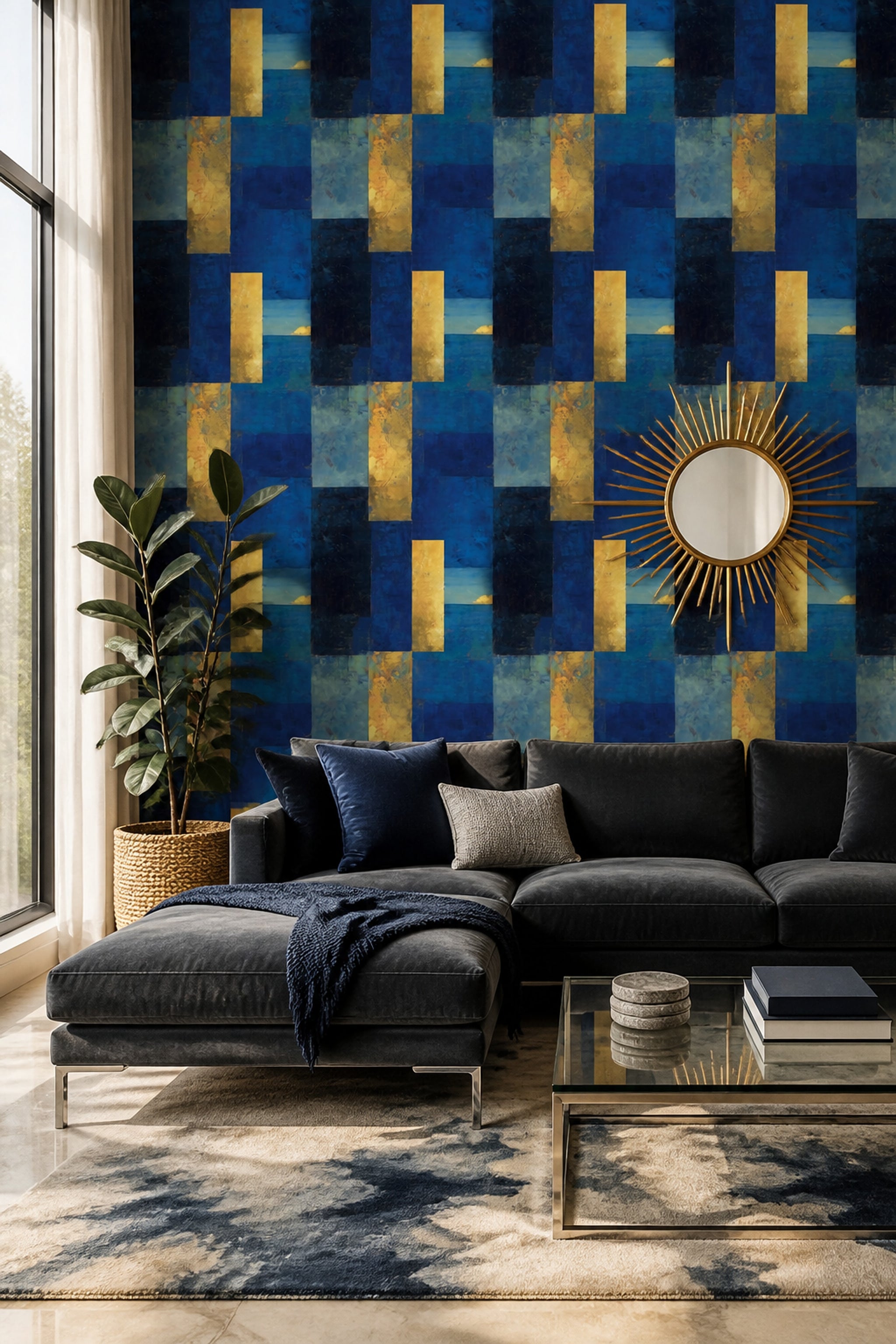 Geometrik Blok Desenli Duvar Kağıdı Lacivert Altın Salon