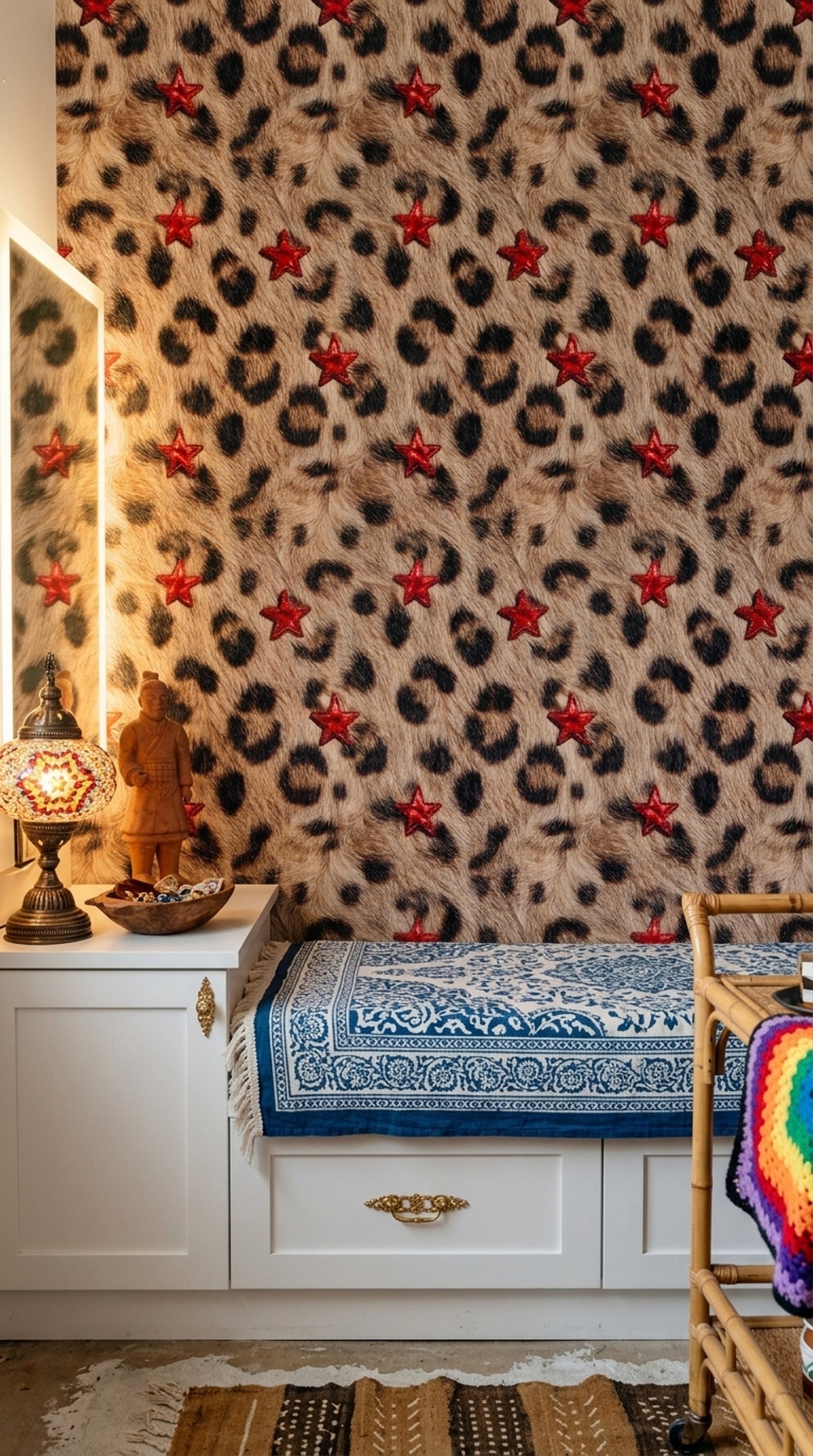 Leopar Desenli Duvar Kağıdı Kırmızı Yıldızlı Modern Salon