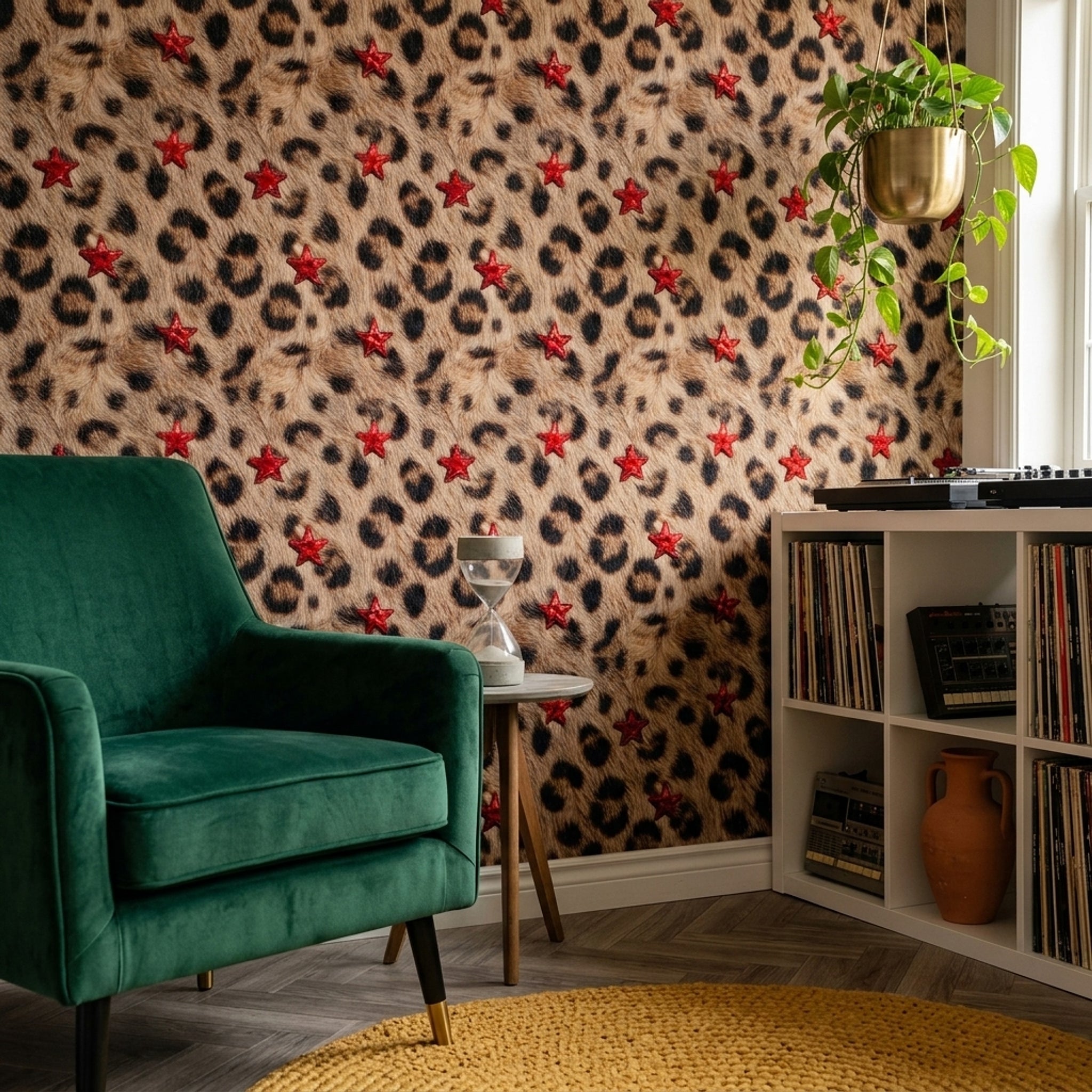 Leopar Desenli Duvar Kağıdı Kırmızı Yıldızlı Modern Salon
