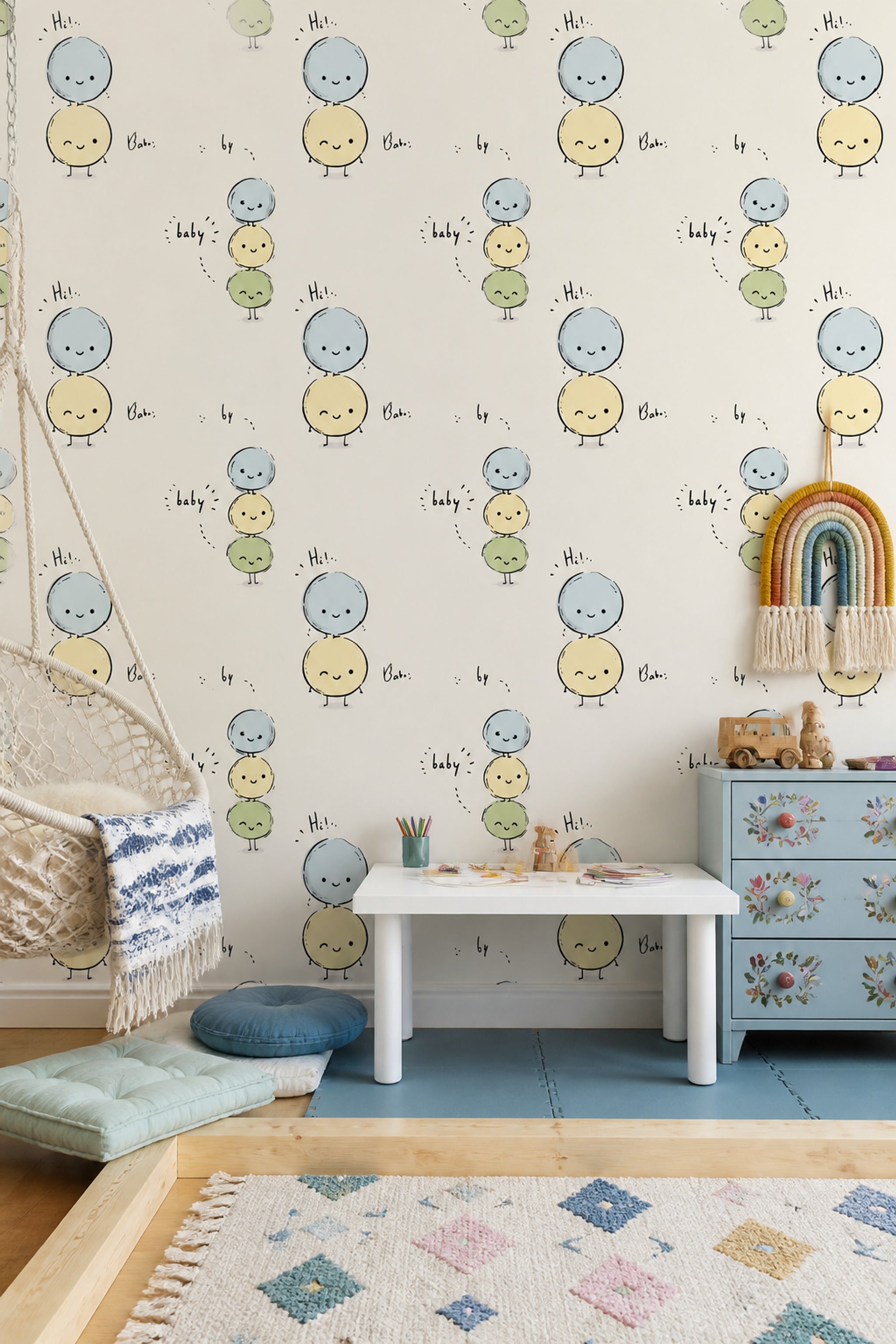 Sevimli Baloncuk Figürlü Duvar Kağıdı Pastel Çocuk Odası