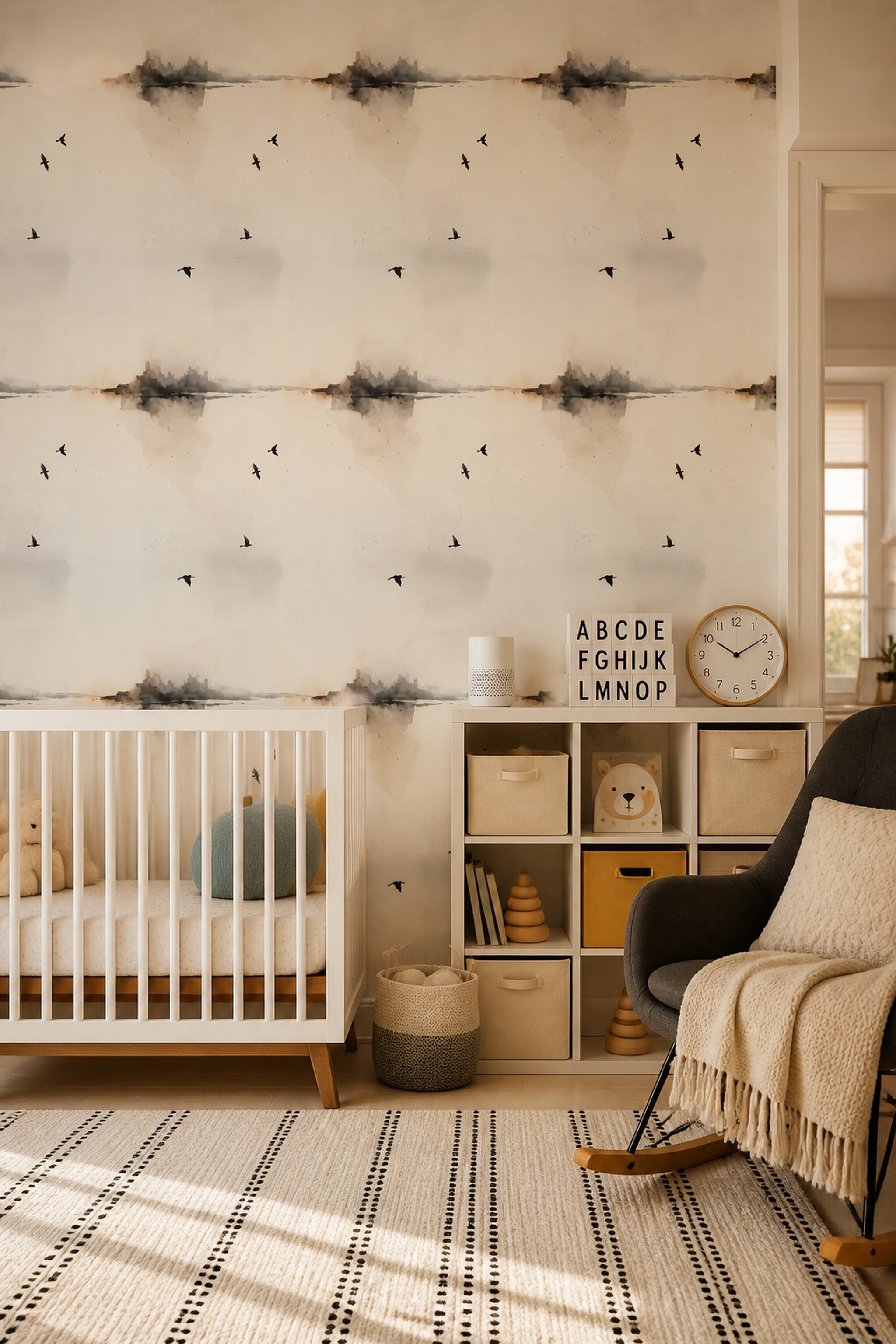 Kuş Desenli Duvar Kağıdı Bej Minimal Bebek Odası