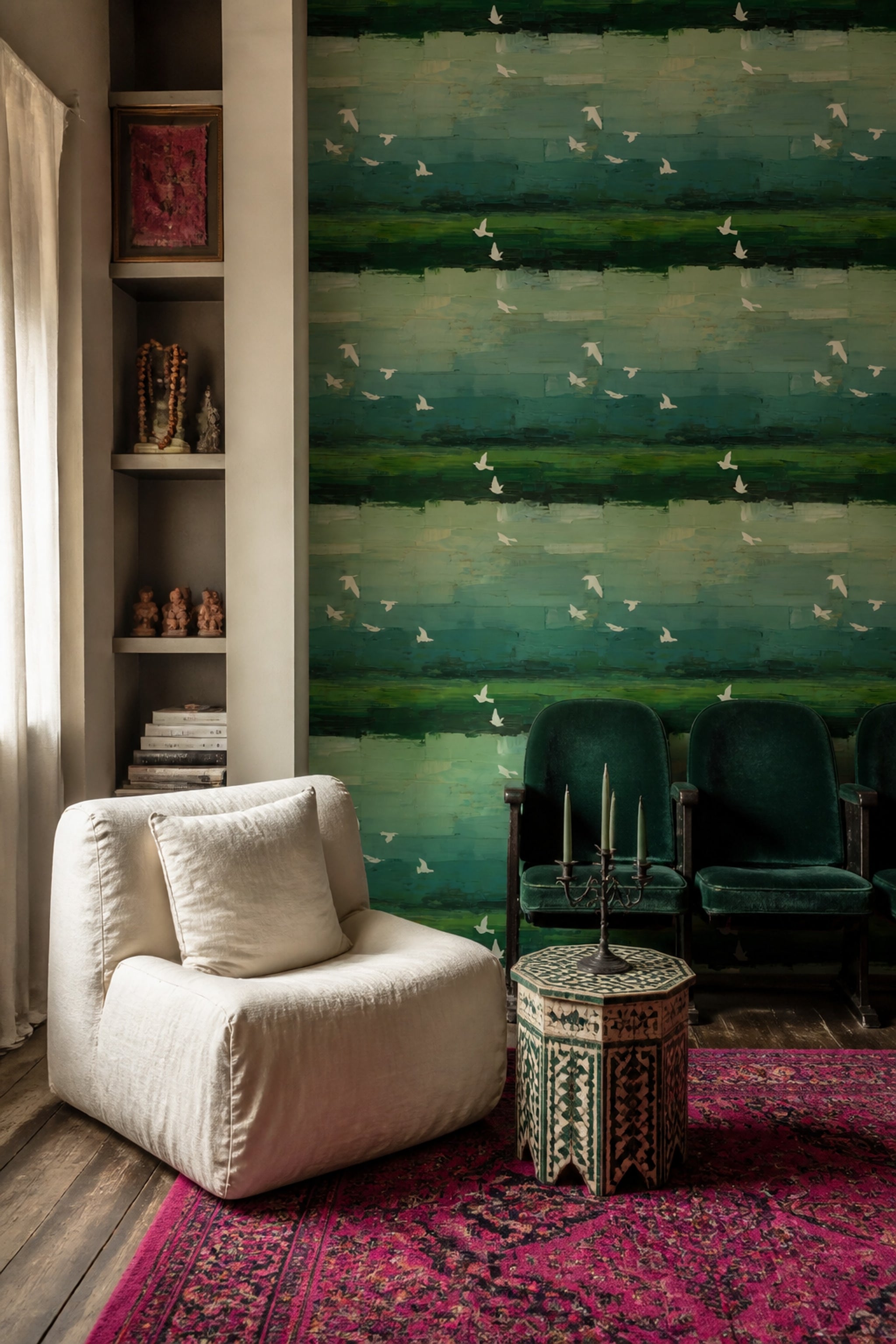 Uçan Kuş Desenli Duvar Kağıdı Yeşil Modern Salon