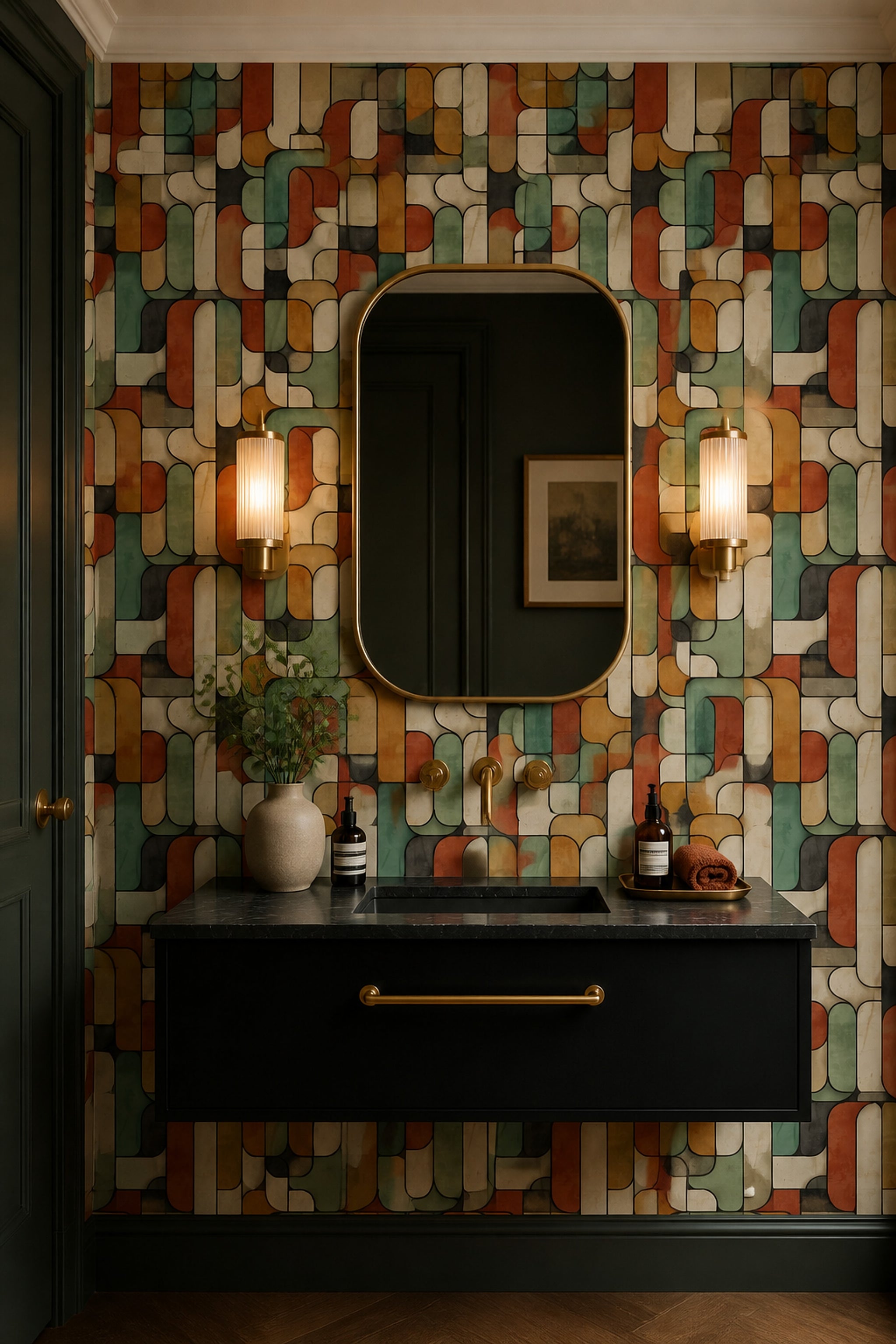 Retro Geometrik Duvar Kağıdı Yeşil Turuncu Desenli Salon