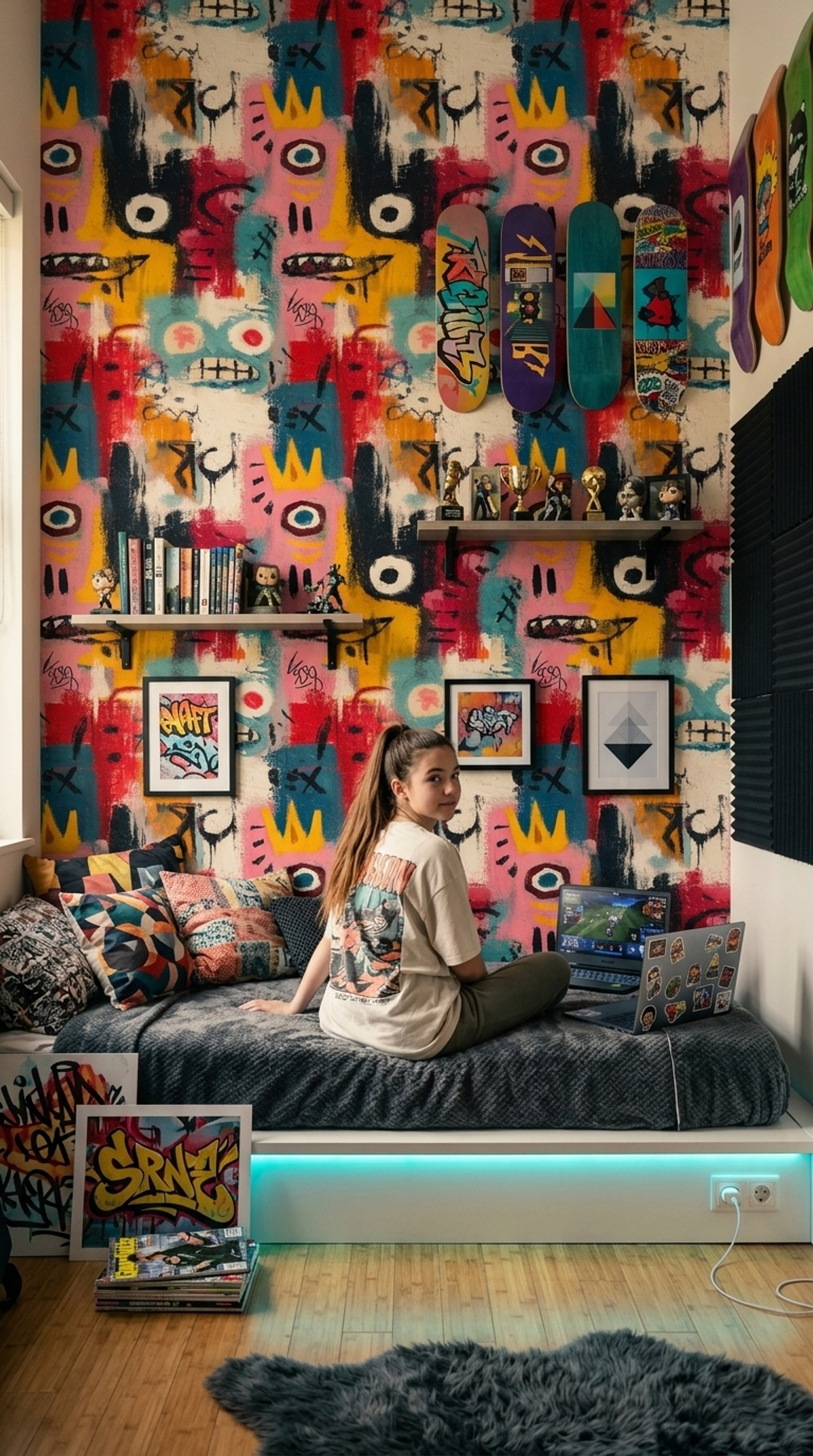 Renkli Grafiti Desenli Duvar Kağıdı Modern Salon Dekoru