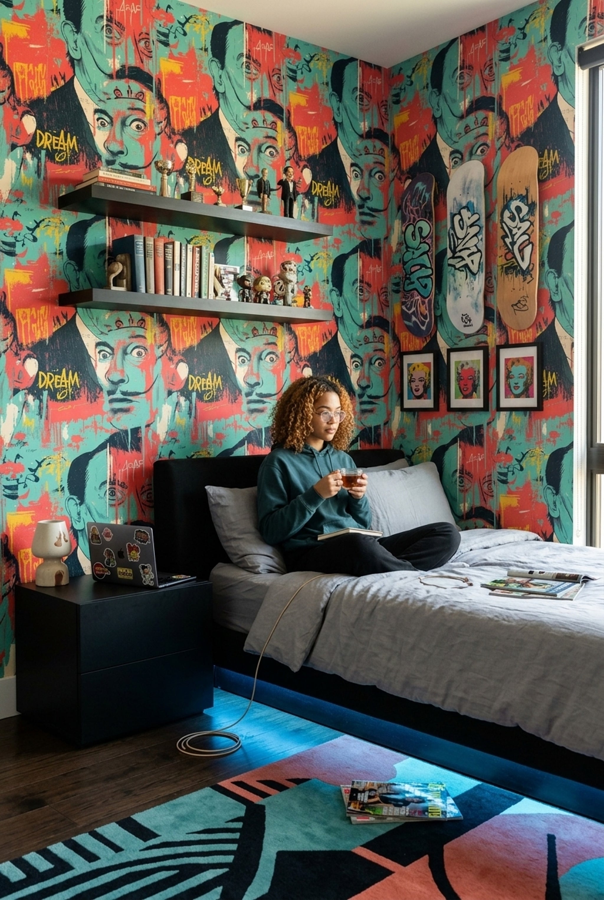 Pop Art Portre Duvar Kağıdı Turkuaz Kırmızı Salon
