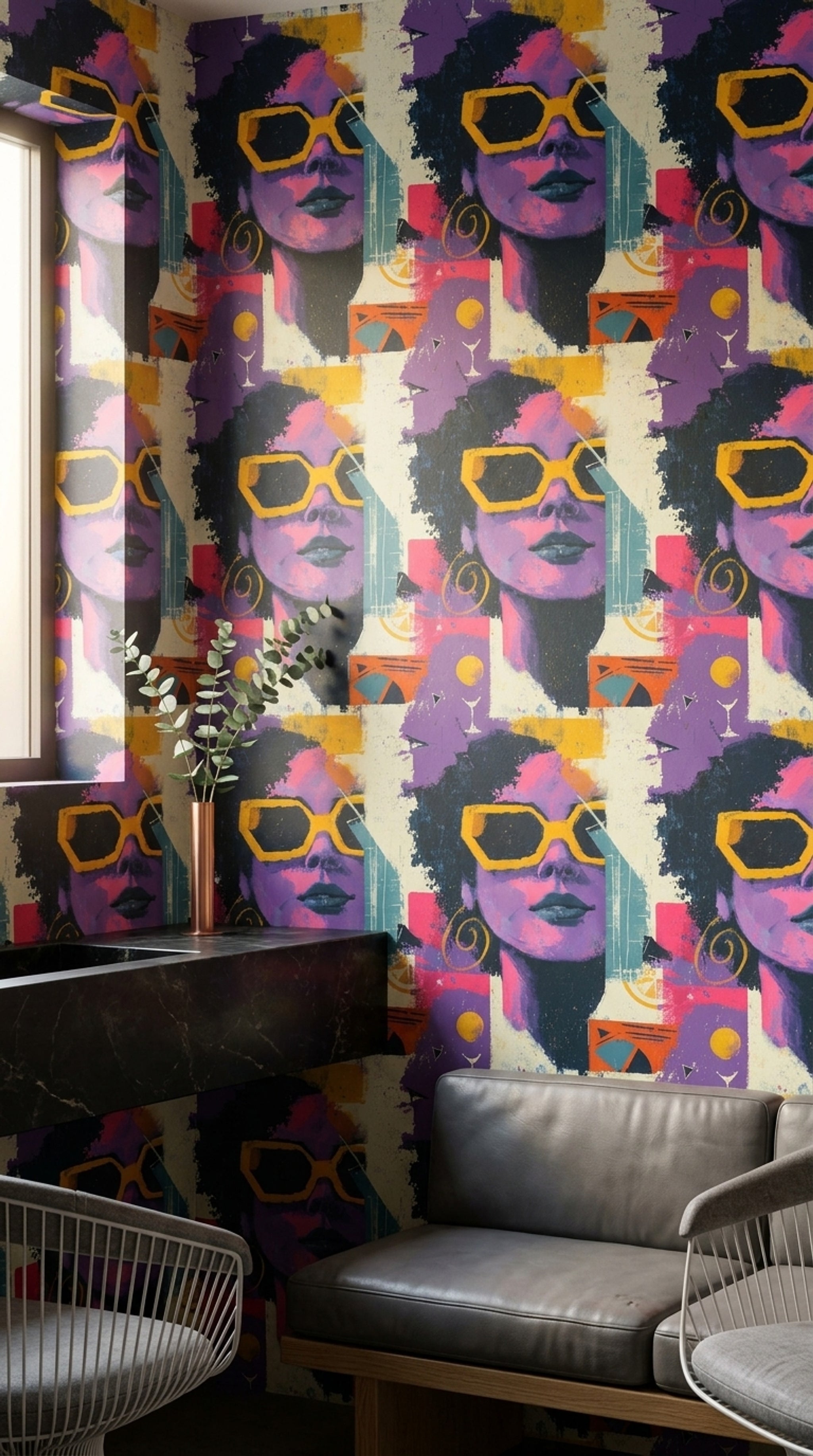 Pop Art Kadın Figürlü Duvar Kağıdı Mor Sarı Desenli