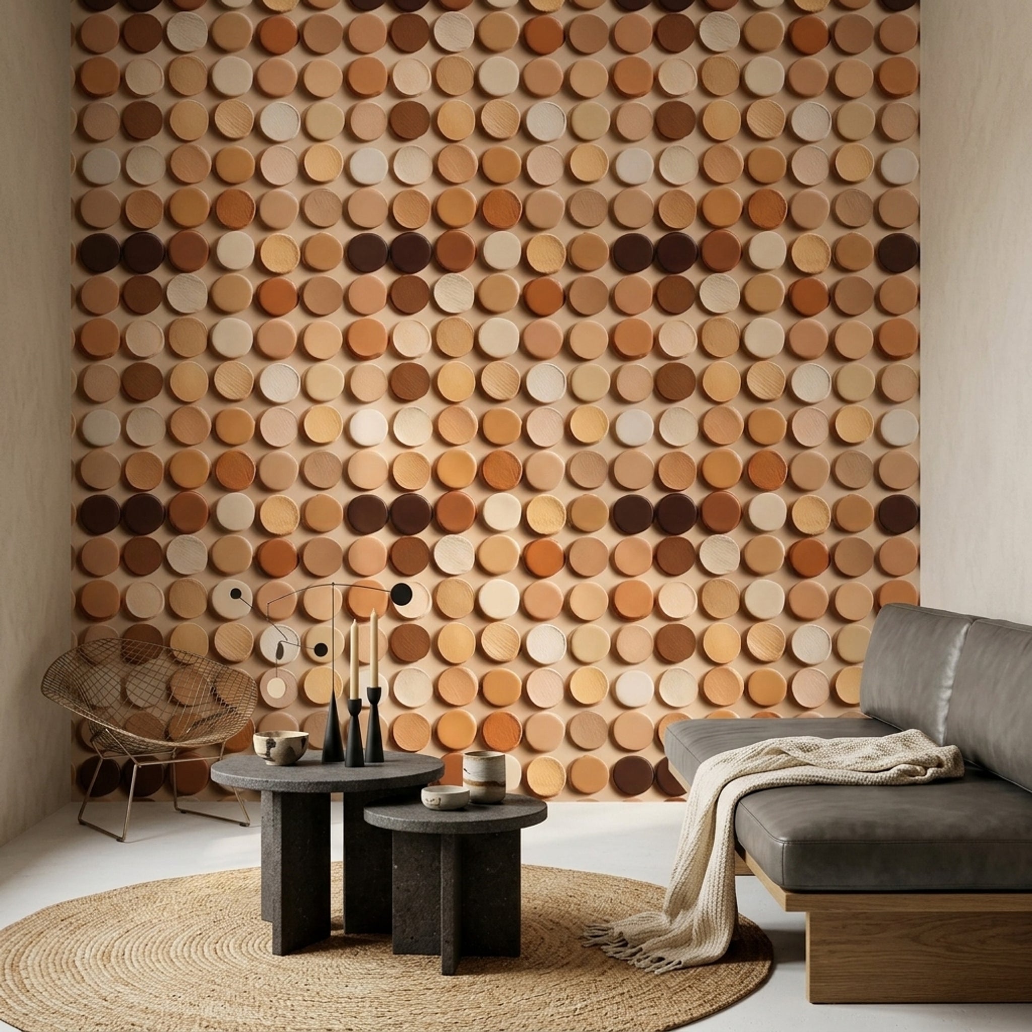 Dairesel Geometrik Duvar Kağıdı Bej Kahverengi Modern Salon