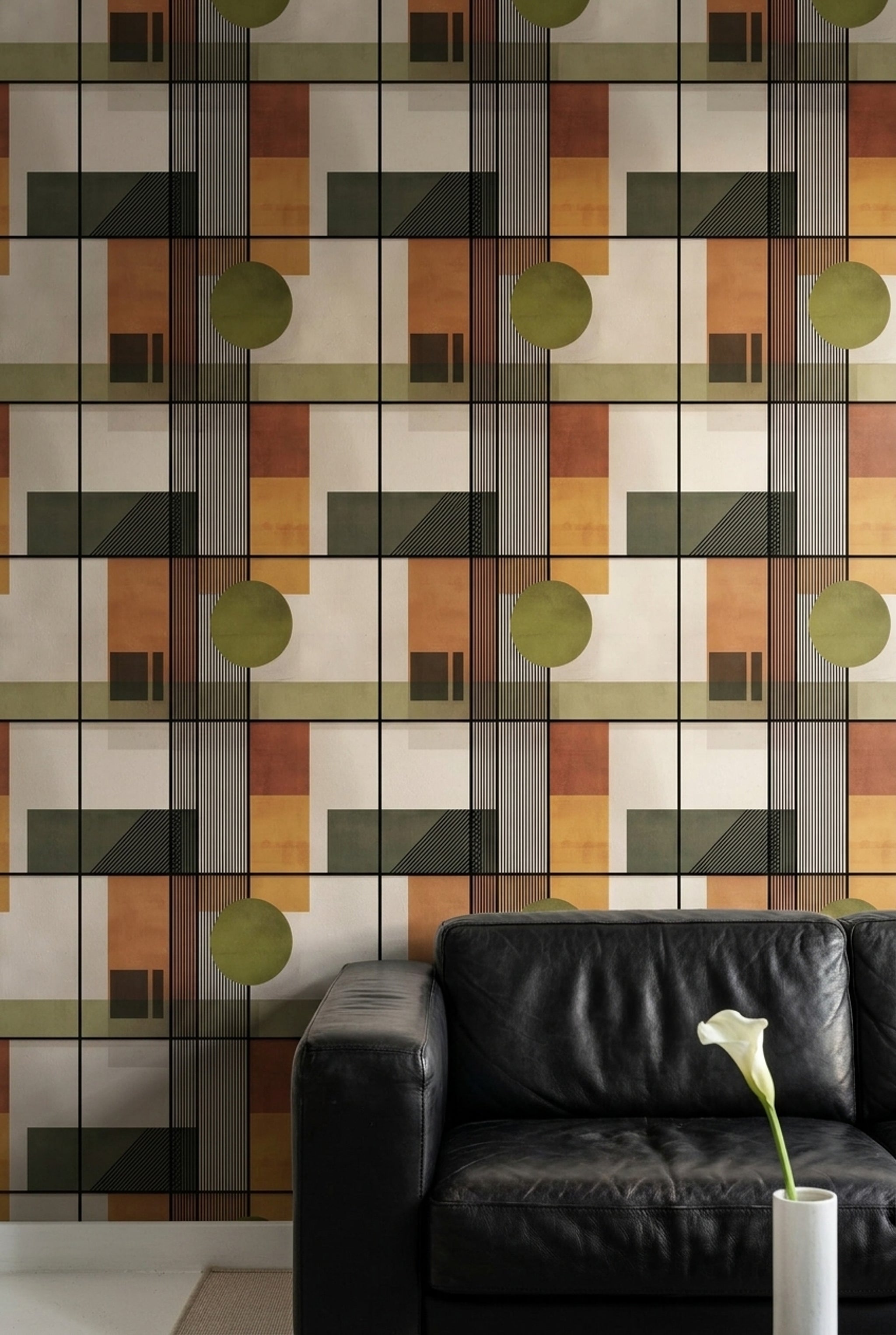 Geometrik Çizgili Duvar Kağıdı Zeytin Yeşili Modern Salon
