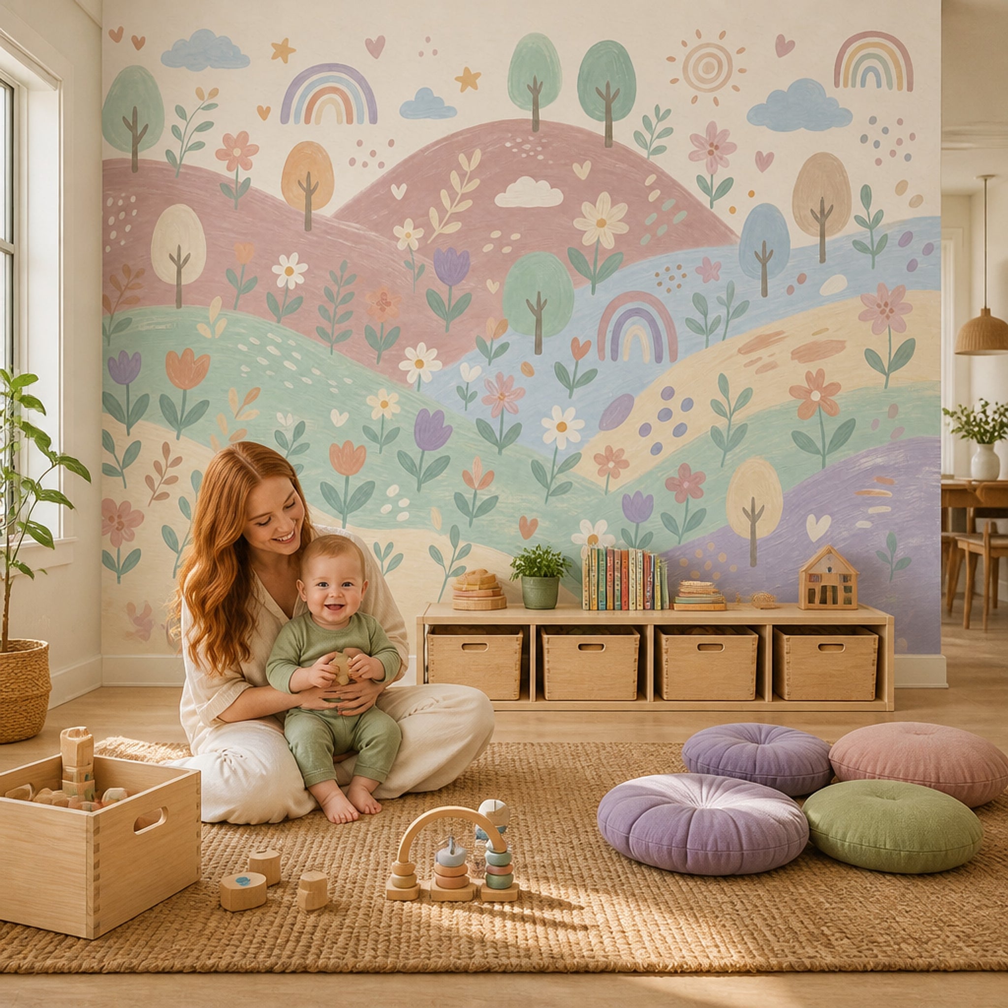 Pastel Gökkuşağı Çiçekli Poster Duvar Kağıdı Bebek Odası