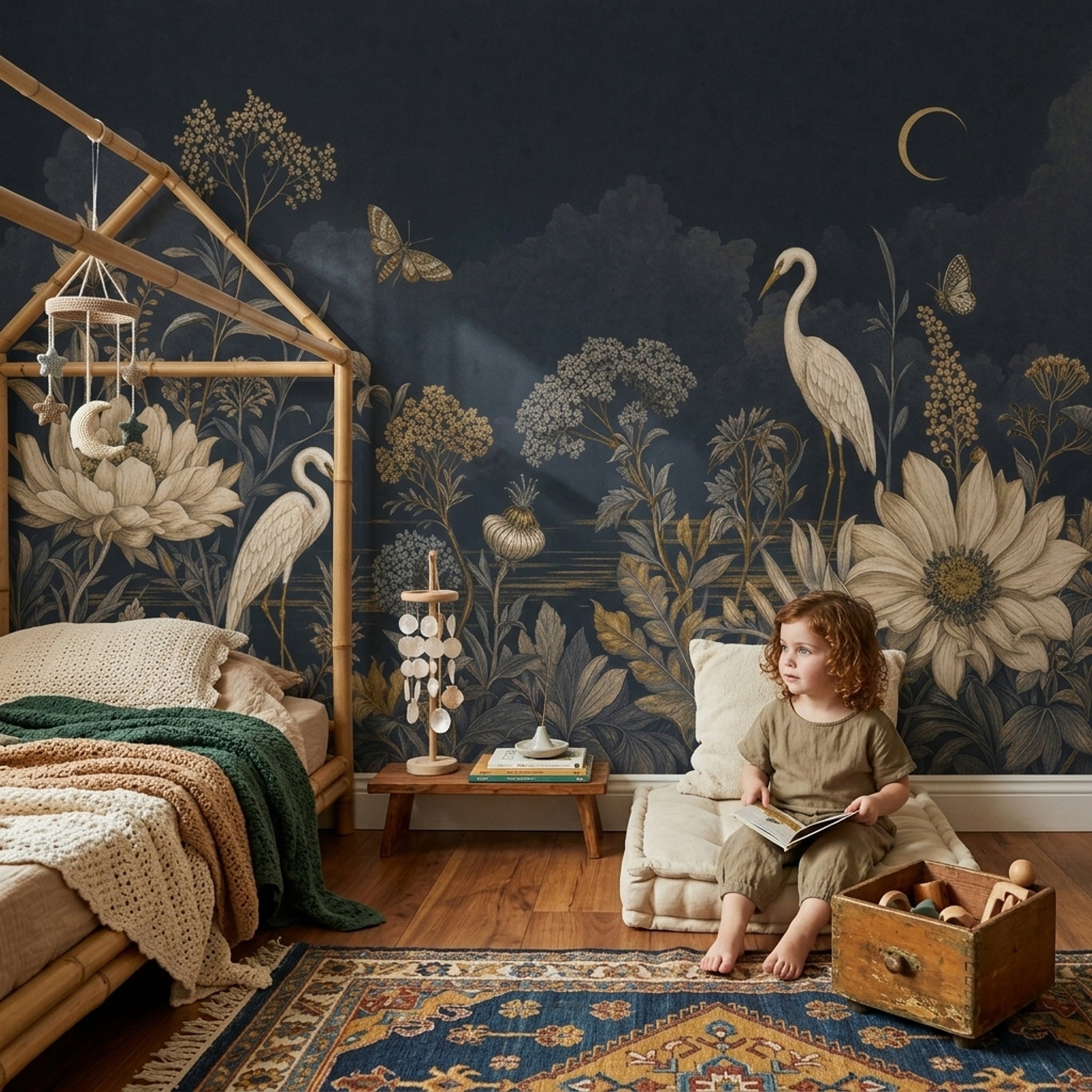 Gece Çiçek ve Kuğulu Poster Duvar Kağıdı Lacivert Salon