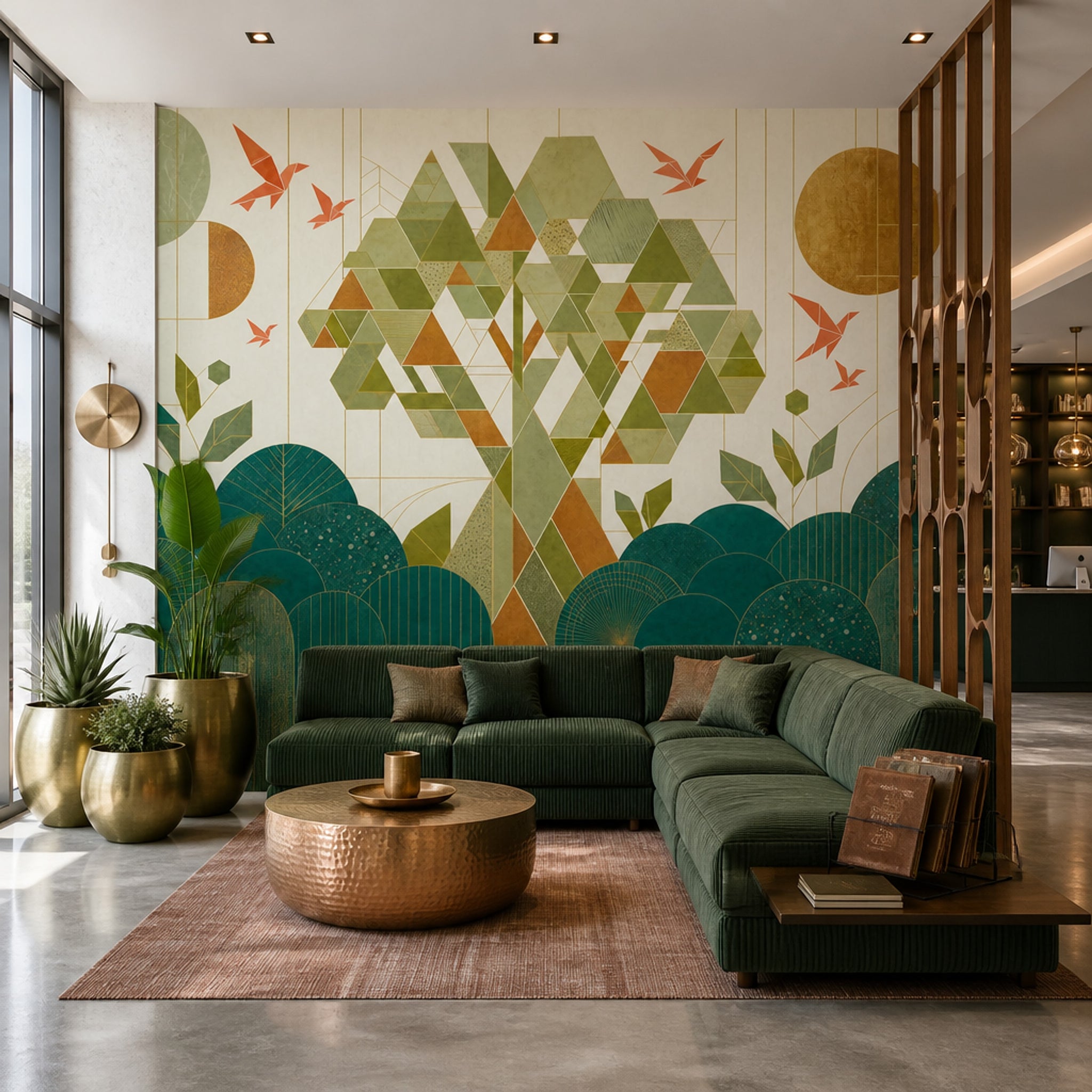 Geometrik Ağaç Desenli Poster Duvar Kağıdı Yeşil Salon