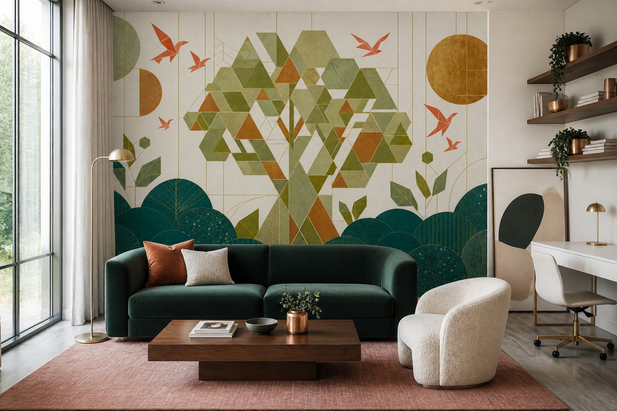 Geometrik Ağaç Desenli Poster Duvar Kağıdı Yeşil Salon