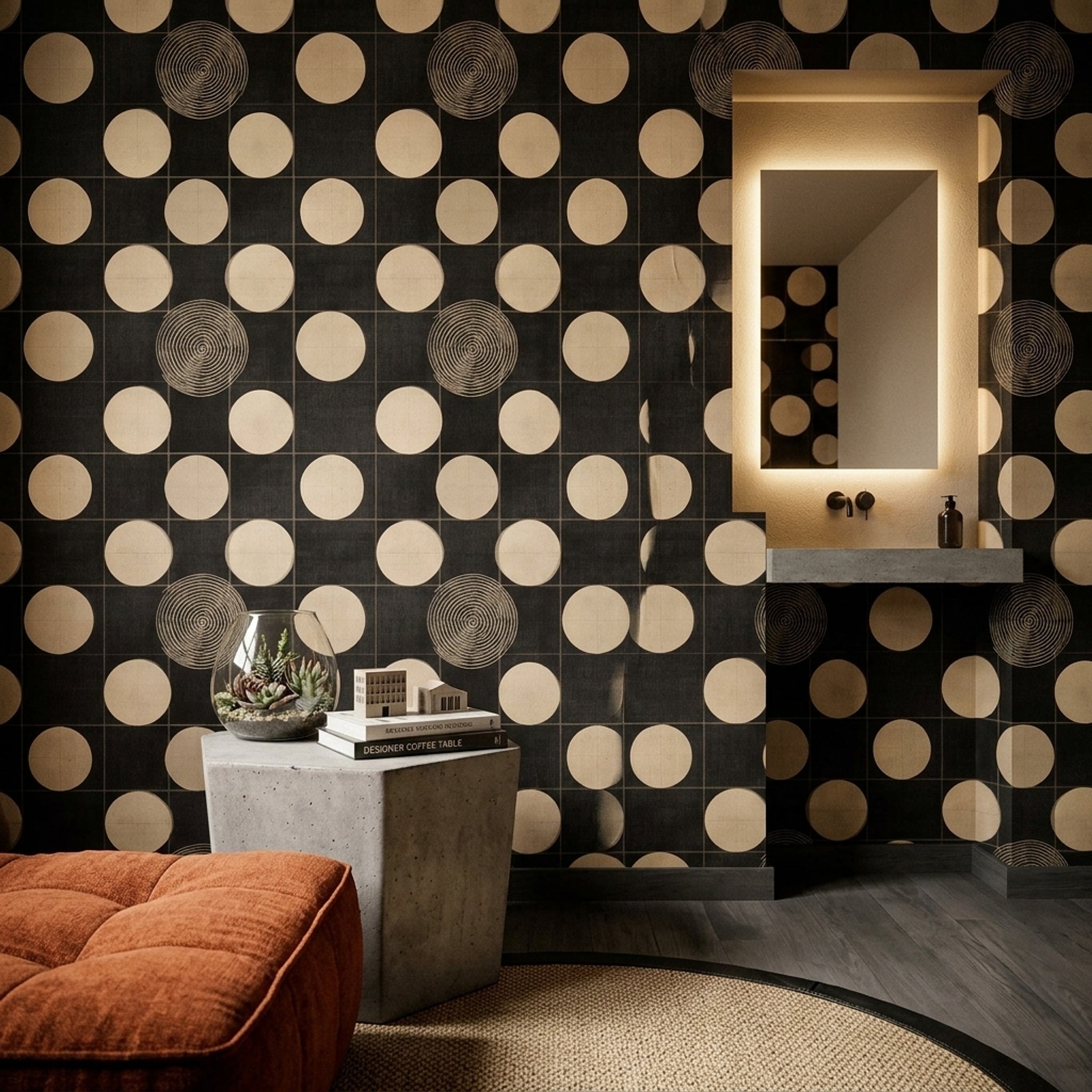 Geometrik Puantiyeli Duvar Kağıdı Siyah Krem Retro Desen
