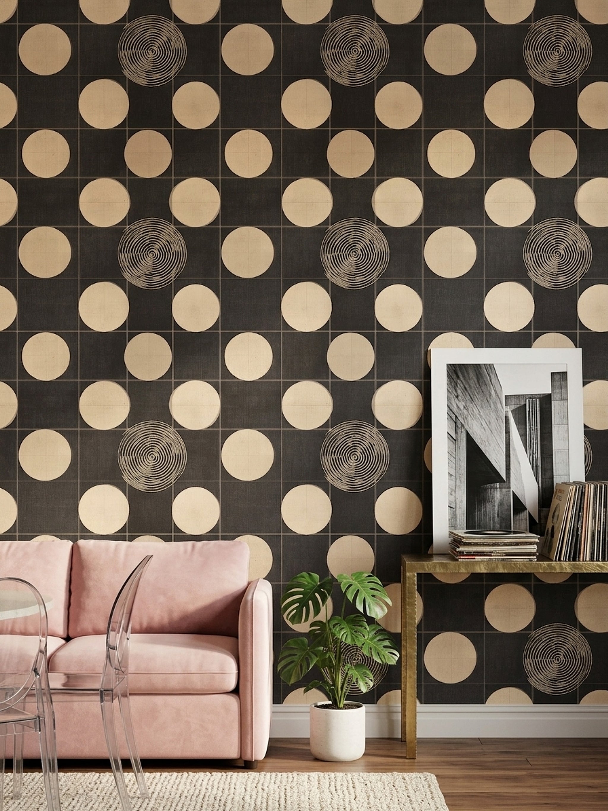 Geometrik Puantiyeli Duvar Kağıdı Siyah Krem Retro Desen