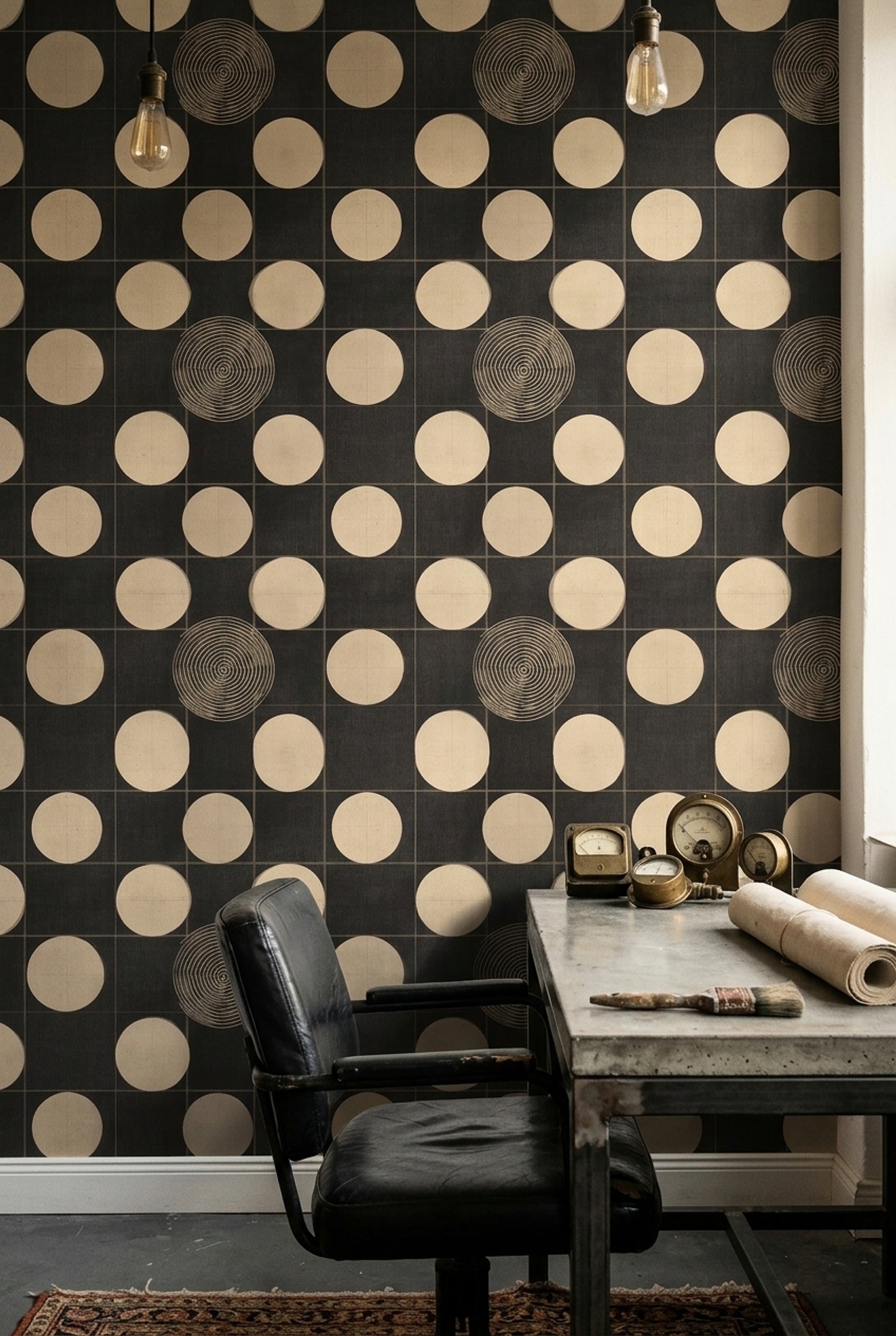Geometrik Puantiyeli Duvar Kağıdı Siyah Krem Retro Desen