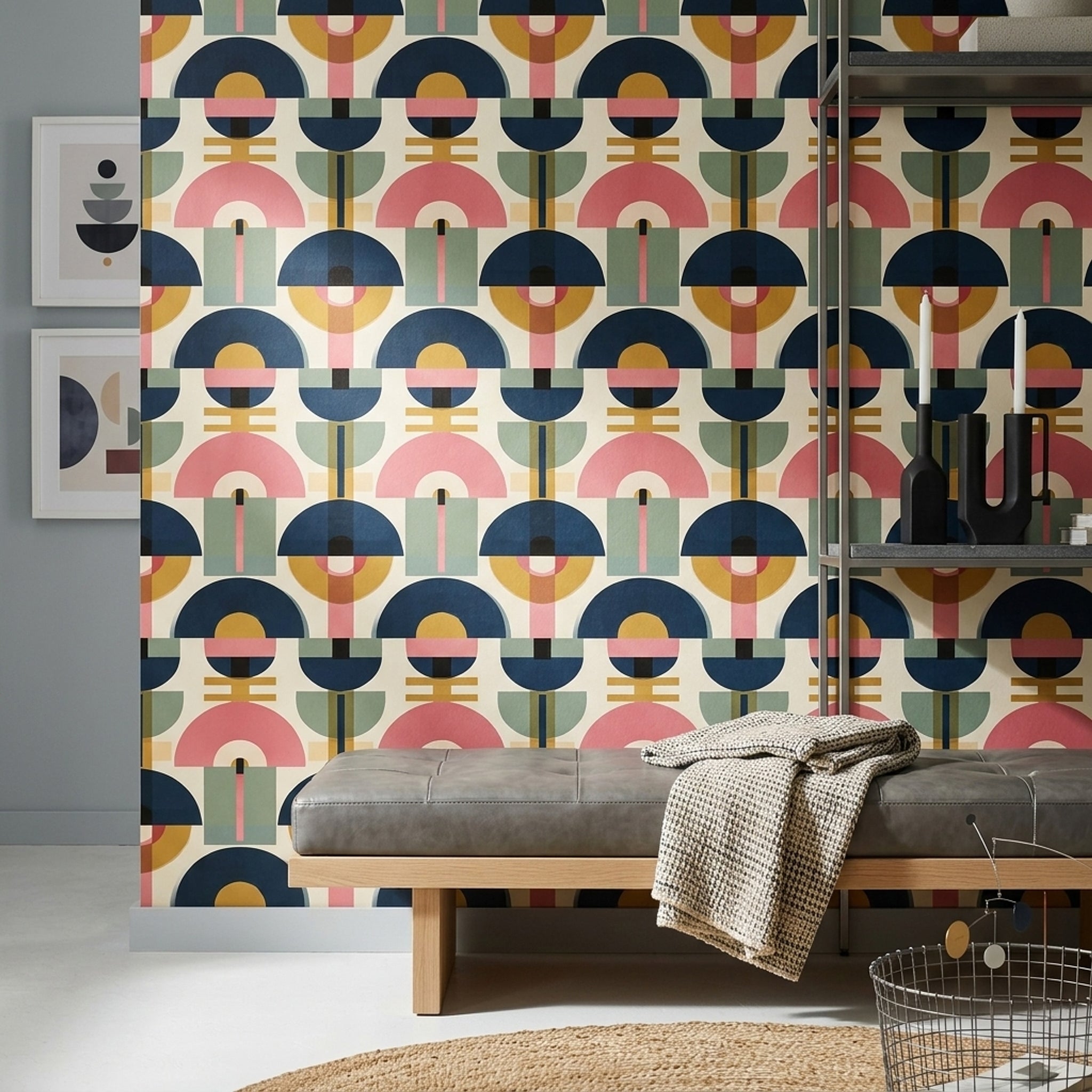 Retro Geometrik Duvar Kağıdı Lacivert Pembe Salon Desenli