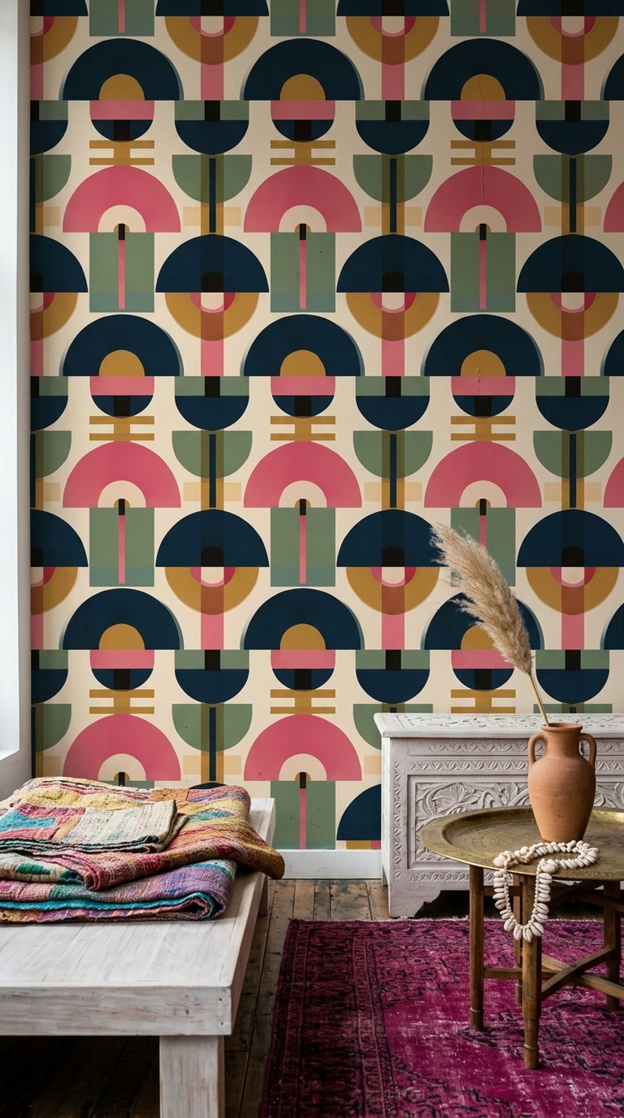 Retro Geometrik Duvar Kağıdı Lacivert Pembe Salon Desenli