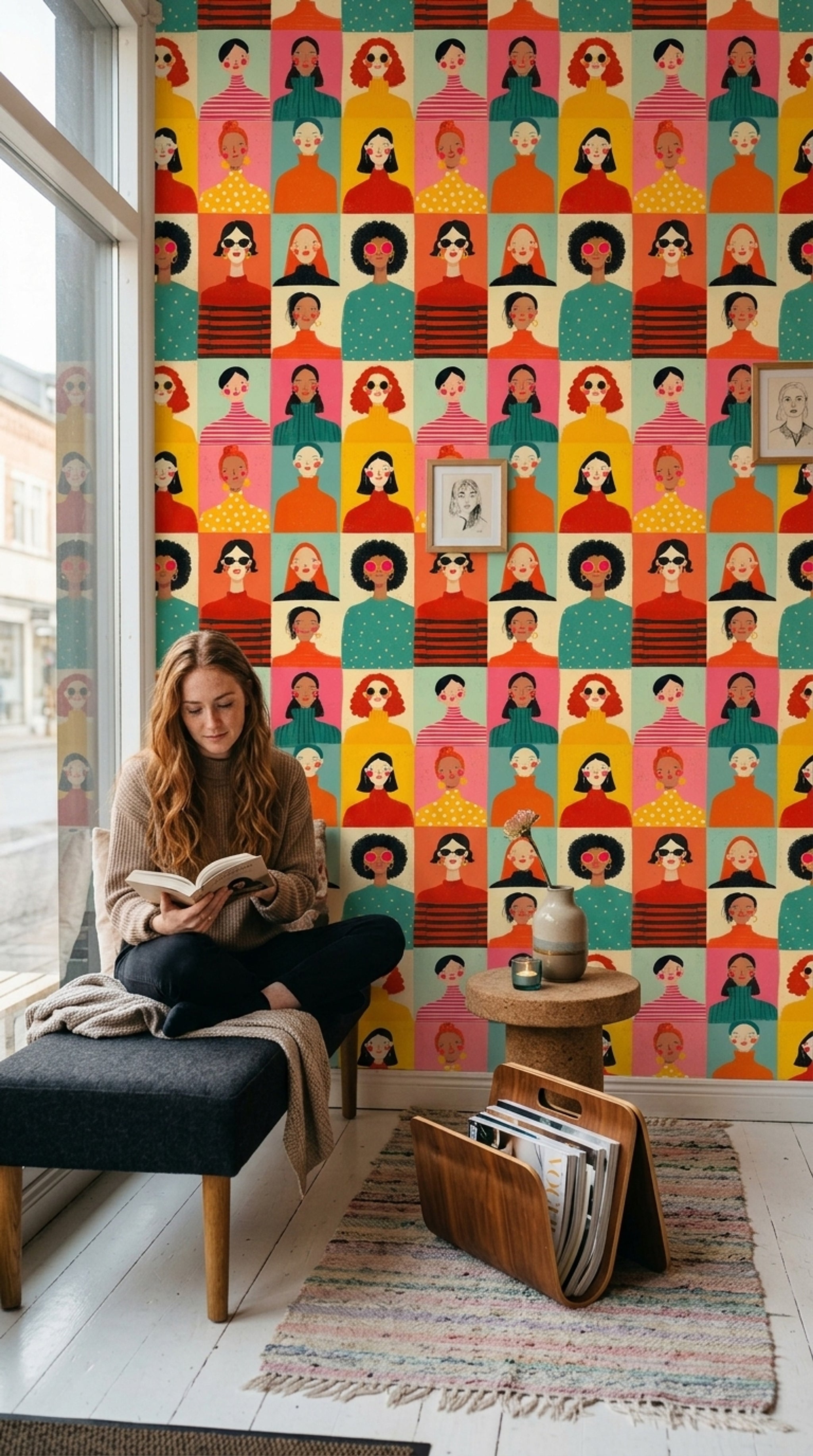 Renkli Kadın Portreli Duvar Kağıdı Modern Desenli Salon