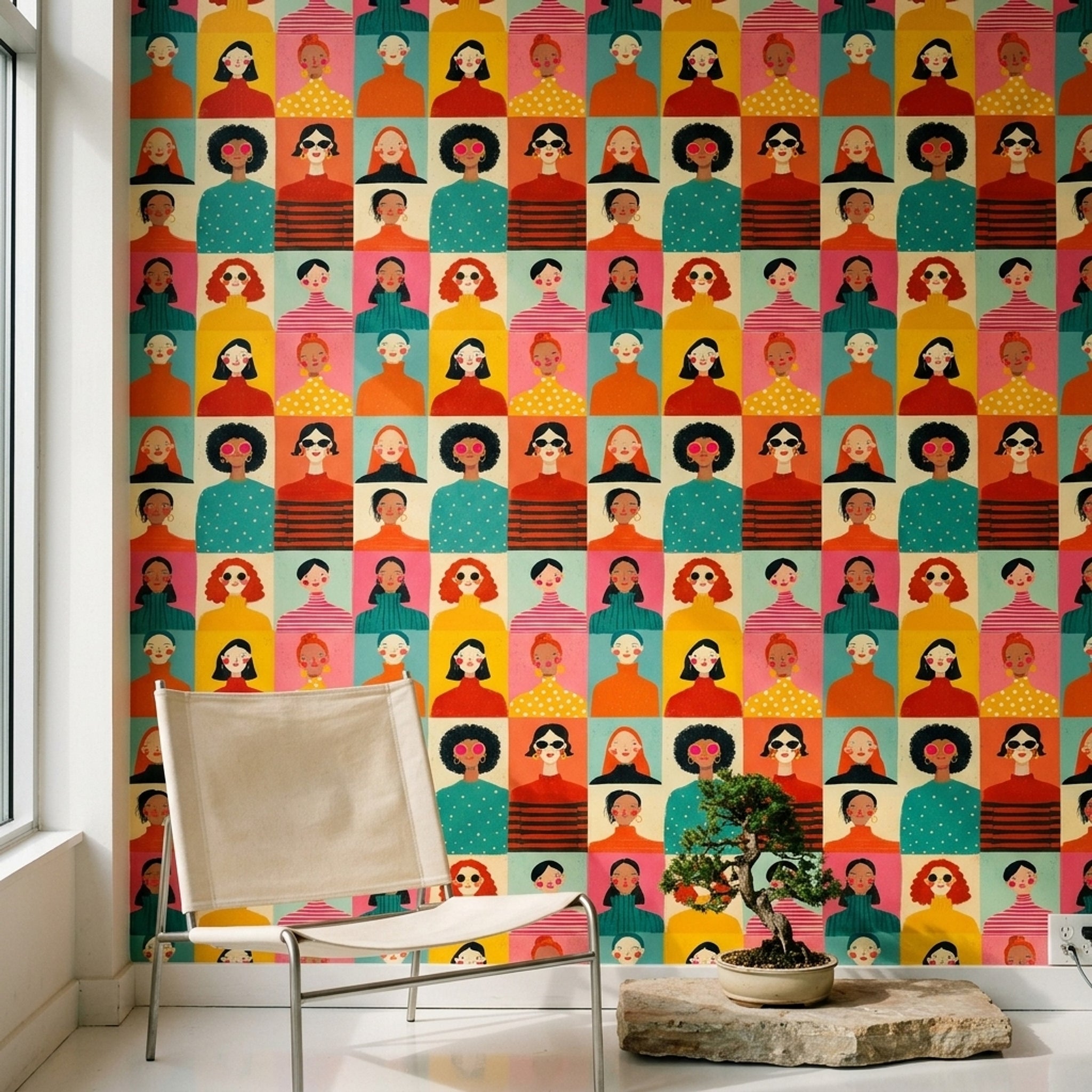 Renkli Kadın Portreli Duvar Kağıdı Modern Desenli Salon